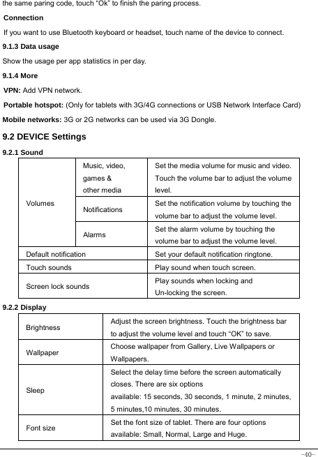  -40- the same paring code, touch “Ok” to finish the paring process. Connection  If you want to use Bluetooth keyboard or headset, touch name of the device to connect. 9.1.3 Data usage Show the usage per app statistics in per day. 9.1.4 More VPN: Add VPN network. Portable hotspot: (Only for tablets with 3G/4G connections or USB Network Interface Card) Mobile networks: 3G or 2G networks can be used via 3G Dongle.   9.2 DEVICE Settings 9.2.1 Sound   Volumes Music, video,   games &amp; other media Set the media volume for music and video. Touch the volume bar to adjust the volume level. Notifications  Set the notification volume by touching the volume bar to adjust the volume level. Alarms  Set the alarm volume by touching the volume bar to adjust the volume level. Default notification Set your default notification ringtone. Touch sounds Play sound when touch screen. Screen lock sounds  Play sounds when locking and Un-locking the screen. 9.2.2 Display Brightness Adjust the screen brightness. Touch the brightness bar to adjust the volume level and touch “OK” to save. Wallpaper  Choose wallpaper from Gallery, Live Wallpapers or Wallpapers. Sleep Select the delay time before the screen automatically closes. There are six options available: 15 seconds, 30 seconds, 1 minute, 2 minutes, 5 minutes,10 minutes, 30 minutes. Font size Set the font size of tablet. There are four options available: Small, Normal, Large and Huge. 