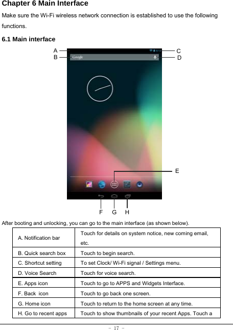 - 17 - Chapter 6 Main Interface   Make sure the Wi-Fi wireless network connection is established to use the following functions.   6.1 Main interface                 After booting and unlocking, you can go to the main interface (as shown below). A. Notification bar  Touch for details on system notice, new coming email, etc. B. Quick search box  Touch to begin search. C. Shortcut setting To set Clock/ Wi-Fi signal / Settings menu. D. Voice Search Touch for voice search. E. Apps icon  Touch to go to APPS and Widgets Interface. F. Back icon Touch to go back one screen. G. Home icon Touch to return to the home screen at any time. H. Go to recent apps  Touch to show thumbnails of your recent Apps. Touch a A B CHFDEG