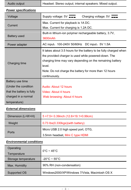  - 3 - Audio output Headset: Stereo output; internal speakers: Mixed output. Power specifications Voltage Supply voltage: 5V      Charging voltage: 5V   CurrentMax. Current for playback is 1A DC. Max. Current for charging is 1.2A DC. Battery used Built-in lithium-ion polymer rechargeable battery, 3.7V, 3600mAh Power adapter AC input：100-240V 50/60Hz  DC input：5V 1.5A Charging time It takes about 3.5 hours for the battery to be fully charged when the provided charger is used while powered-down. The charging time may vary depending on the remaining battery level. Note: Do not charge the battery for more than 12 hours continuously. Battery use time (Under the condition that the battery is fully charged in a normal temperature) Audio: About 12 hours Video: About 4 hours Web browsing: About 4 hours External dimensions Dimension (L×W×H) 5 ×7.5× 0.39inch (12.6×19.1×0.99cm) Weight   0.73 lbs(0.330kgs)(with battery) Ports Micro USB 2.0 high speed port, OTG,   3.5mm headset, Mini C type HDMI Environmental conditions Operating Temperature 0°C ~ 45°C Storage temperature  -20°C ~ 55°C Max. Humidity  90% RH (non-condensation) Supported OS Windows2000/XP/Windows 7/Vista, Macintosh OS X  