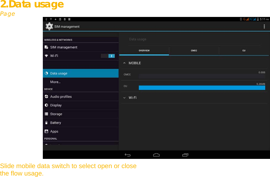    2.Data usage                                   Page                   Slide mobile data switch to select open or close  the flow usage.        