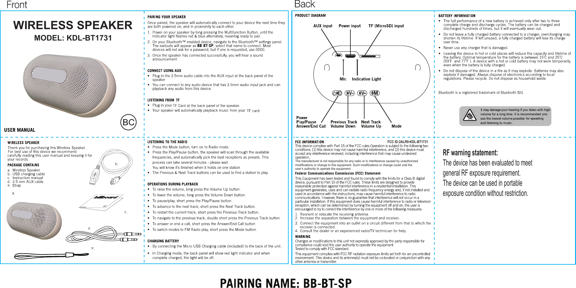 Page 1 of G KINDLY ELECTRONIC KDL-BT1731 Wireless speaker User Manual KDL BT1731                   