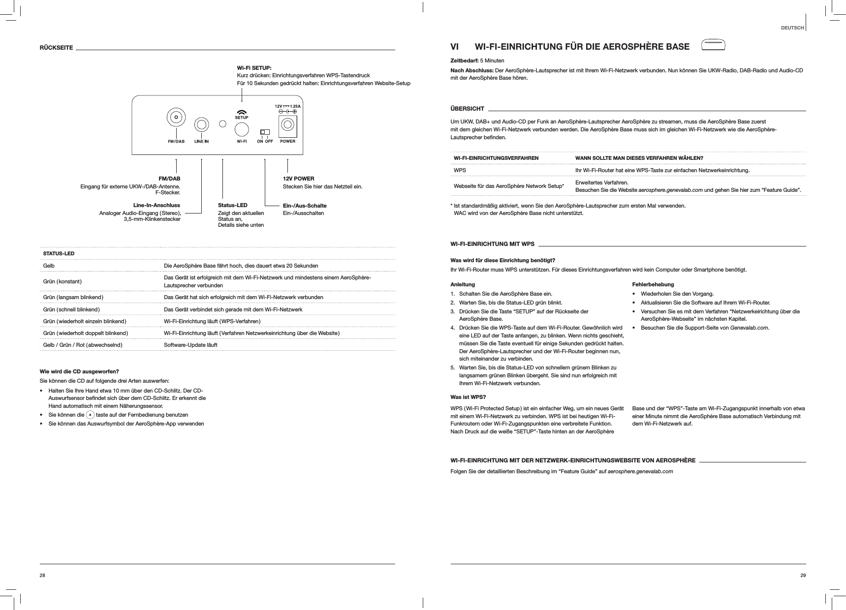 2928DEUTSCHVI  WI-FI-EINRICHTUNG FÜR DIE AEROSPHÈRE BASEZeitbedarf: 5 MinutenNach Abschluss: Der AeroSphère-Lautsprecher ist mit Ihrem Wi-Fi-Netzwerk verbunden. Nun können Sie UKW-Radio, DAB-Radio und Audio-CD mit der AeroSphère Base hören. ÜBERSICHTUm UKW, DAB+ und Audio-CD per Funk an AeroSphère-Lautsprecher AeroSphère zu streamen, muss die AeroSphère Base zuerst  mit dem gleichen Wi-Fi-Netzwerk verbunden werden. Die AeroSphère Base muss sich im gleichen Wi-Fi-Netzwerk wie die AeroSphère-Lautsprecher WI-FI-EINRICHTUNGSVERFAHREN WANN SOLLTE MAN DIESES VERFAHREN WÄHLEN?WPS Ihr Wi-Fi-Router hat eine WPS-Taste zur einfachen Netzwerkeinrichtung.Webseite für das AeroSphère Network Setup* Erweitertes Verfahren. Besuchen Sie die Website aerosphere.genevalab.com und gehen Sie hier zum “Feature Guide”.*  Ist standardmäßig aktiviert, wenn Sie den AeroSphère-Lautsprecher zum ersten Mal verwenden. WAC wird von der AeroSphère Base nicht unterstützt.WI-FI-EINRICHTUNG MIT WPSWas wird für diese Einrichtung benötigt?Ihr Wi-Fi-Router muss WPS unterstützen. Für dieses Einrichtungsverfahren wird kein Computer oder Smartphone benötigt.Anleitung1.  Schalten Sie die AeroSphère Base ein.2.  Warten Sie, bis die Status-LED grün blinkt.3.  Drücken Sie die Taste “SETUP” auf der Rückseite der AeroSphère Base.4.  Drücken Sie die WPS-Taste auf dem Wi-Fi-Router. Gewöhnlich wird eine LED auf der Taste anfangen, zu blinken. Wenn nichts geschieht, müssen Sie die Taste eventuell für einige Sekunden gedrückt halten. Der AeroSphère-Lautsprecher und der Wi-Fi-Router beginnen nun, sich miteinander zu verbinden.5.  Warten Sie, bis die Status-LED von schnellem grünem Blinken zu langsamem grünen Blinken übergeht. Sie sind nun erfolgreich mit Ihrem Wi-Fi-Netzwerk verbunden.Fehlerbehebung Wiederholen Sie den Vorgang. Aktualisieren Sie die Software auf Ihrem Wi-Fi-Router. Versuchen Sie es mit dem Verfahren “Netzwerkeirichtung über die AeroSphère-Webseite” im nächsten Kapitel. Besuchen Sie die Support-Seite von Genevalab.com.Was ist WPS?WPS ( Wi-Fi Protected Setup ) ist ein einfacher Weg, um ein neues Gerät mit einem Wi-Fi-Netzwerk zu verbinden. WPS ist bei heutigen Wi-Fi-Funkroutern oder Wi-Fi-Zugangspunkten eine verbreitete Funktion. Nach Druck auf die weiße “SETUP”-Taste hinten an der AeroSphère Base und der “WPS”-Taste am Wi-Fi-Zugangspunkt innerhalb von etwa einer Minute nimmt die AeroSphère Base automatisch Verbindung mit dem Wi-Fi-Netzwerk auf.WI-FI-EINRICHTUNG MIT DER NETZWERK-EINRICHTUNGSWEBSITE VON AEROSPHÈREFolgen Sie der detaillierten Beschreibung im “Feature Guide” auf aerosphere.genevalab.comRÜCKSEITESTATUS-LEDGelb Die AeroSphère Base fährt hoch, dies dauert etwa 20 SekundenGrün  ( konstant ) Das Gerät ist erfolgreich mit dem Wi-Fi-Netzwerk und mindestens einem AeroSphère-Lautsprecher verbundenGrün ( langsam blinkend ) Das Gerät hat sich erfolgreich mit dem Wi-Fi-Netzwerk verbundenGrün ( schnell blinkend ) Das Gerät verbindet sich gerade mit dem Wi-Fi-NetzwerkGrün  ( wiederholt  einzeln  blinkend ) Wi-Fi-Einrichtung  läuft  ( WPS-Verfahren )Grün ( wiederholt doppelt blinkend ) Wi-Fi-Einrichtung läuft ( Verfahren Netzwerkeinrichtung über die Website )Gelb / Grün / Rot ( abwechselnd ) Software-Update läuftWie wird die CD ausgeworfen?Sie können die CD auf folgende drei Arten auswerfen: Halten Sie Ihre Hand etwa 10 mm über den CD-Schlitz. Der CD-Hand automatisch mit einem Näherungssensor. Sie können die   taste auf der Fernbedienung benutzen Sie können das Auswurfsymbol der AeroSphère-App verwendenEin-/Aus-Schalte Ein-/Ausschalten12V POWER Stecken Sie hier das Netzteil ein.FM/DAB Eingang für externe UKW-/DAB-Antenne. F-Stecker.Wi-Fi SETUP:  Kurz drücken: Einrichtungsverfahren WPS-Tastendruck Für 10 Sekunden gedrückt halten: Einrichtungsverfahren Website-SetupLine-In-Anschluss Analoger Audio-Eingang ( Stereo ),  3,5-mm-KlinkensteckerStatus-LED  Zeigt den aktuellen  Status an,  Details siehe unten