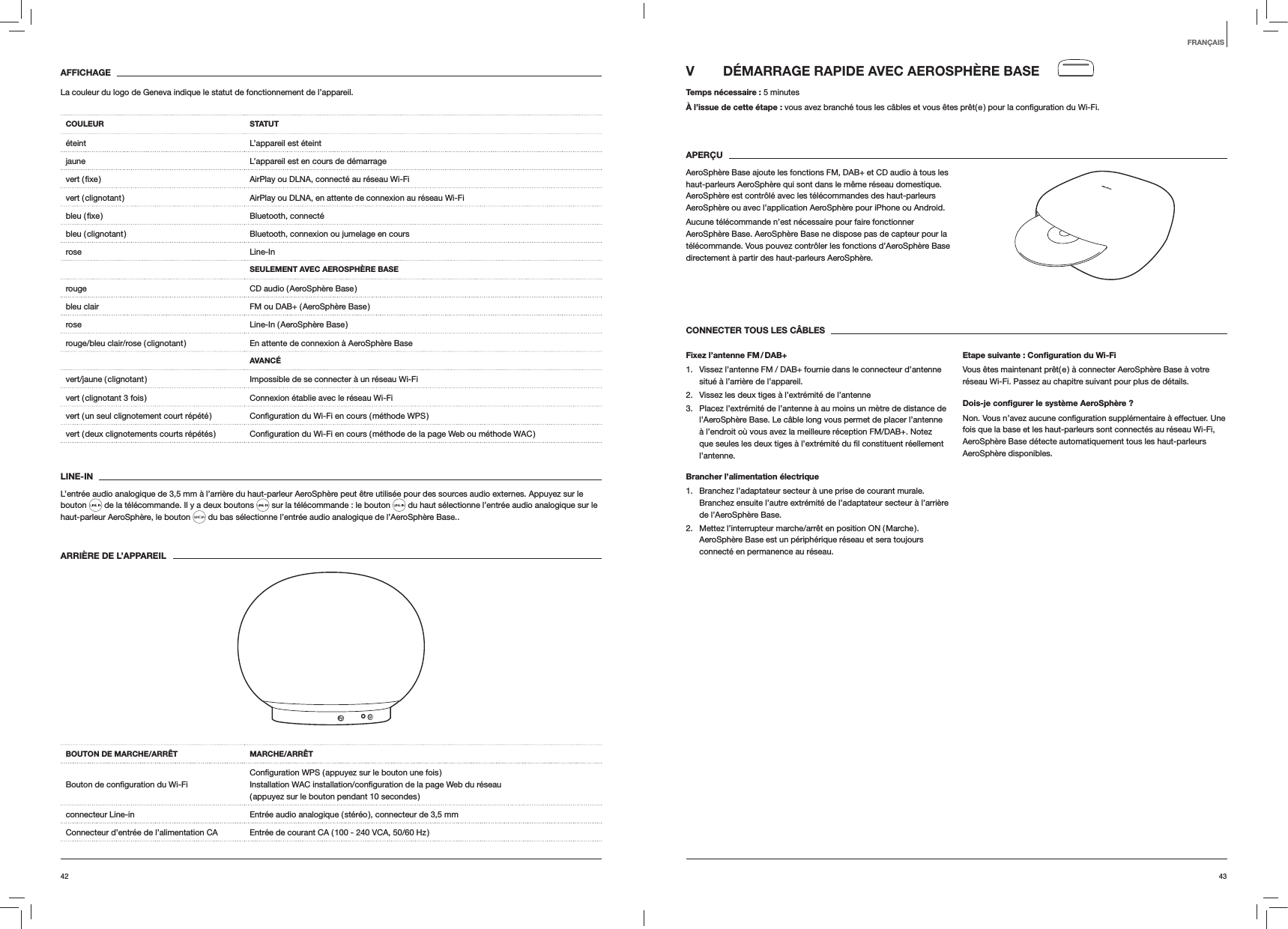 4342V  DÉMARRAGE RAPIDE AVEC AEROSPHÈRE BASE Temps nécessaire : 5 minutesÀ l’issue de cette étape :APERÇUAeroSphère Base ajoute les fonctions FM, DAB+ et CD audio à tous les haut-parleurs AeroSphère qui sont dans le même réseau domestique. AeroSphère est contrôlé avec les télécommandes des haut-parleurs AeroSphère ou avec l’application AeroSphère pour iPhone ou Android. Aucune télécommande n’est nécessaire pour faire fonctionner AeroSphère Base. AeroSphère Base ne dispose pas de capteur pour la télécommande. Vous pouvez contrôler les fonctions d’AeroSphère Base directement à partir des haut-parleurs AeroSphère.CONNECTER TOUS LES CÂBLESFixez  l’antenne  FM / DAB+1.  Vissez l’antenne FM / DAB+ fournie dans le connecteur d’antenne situé à l’arrière de l’appareil. 2.  Vissez les deux tiges à l’extrémité de l’antenne3.  Placez l’extrémité de l’antenne à au moins un mètre de distance de l’AeroSphère Base. Le câble long vous permet de placer l’antenne à l’endroit où vous avez la meilleure réception FM/DAB+. Notez l’antenne.Brancher l’alimentation électrique1.  Branchez l’adaptateur secteur à une prise de courant murale. Branchez ensuite l’autre extrémité de l’adaptateur secteur à l’arrière de l’AeroSphère Base. 2.  Mettez l’interrupteur marche/arrêt en position ON ( Marche ). AeroSphère Base est un périphérique réseau et sera toujours connecté en permanence au réseau. Etape suivante : Conﬁguration du Wi-FiVous êtes maintenant prêt( e ) à connecter AeroSphère Base à votre réseau Wi-Fi. Passez au chapitre suivant pour plus de détails.Dois-je conﬁgurer le système AeroSphère ?fois que la base et les haut-parleurs sont connectés au réseau Wi-Fi, AeroSphère Base détecte automatiquement tous les haut-parleurs AeroSphère disponibles.AFFICHAGELa couleur du logo de Geneva indique le statut de fonctionnement de l’appareil.COULEUR STATUTéteint L’appareil est éteintjaune L’appareil est en cours de démarrage AirPlay ou DLNA, connecté au réseau Wi-Fivert ( clignotant ) AirPlay ou DLNA, en attente de connexion au réseau Wi-Fi  Bluetooth, connectébleu ( clignotant ) Bluetooth, connexion ou jumelage en coursrose Line-InSEULEMENT AVEC AEROSPHÈRE BASErouge CD audio ( AeroSphère Base )bleu clair FM ou DAB+ ( AeroSphère Base )rose Line-In  ( AeroSphère  Base )rouge/bleu clair/rose ( clignotant ) En attente de connexion à AeroSphère BaseAVANCÉvert/jaune ( clignotant ) Impossible de se connecter à un réseau Wi-Fivert ( clignotant 3 fois ) Connexion établie avec le réseau Wi-Fivert ( un seul clignotement court répété ) vert ( deux clignotements courts répétés ) LINE-INL’entrée audio analogique de 3,5 mm à l’arrière du haut-parleur AeroSphère peut être utilisée pour des sources audio externes. Appuyez sur le bouton   de la télécommande. Il y a deux boutons   sur la télécommande : le bouton   du haut sélectionne l’entrée audio analogique sur le haut-parleur AeroSphère, le bouton   du bas sélectionne l’entrée audio analogique de l’AeroSphère Base..ARRIÈRE DE L’APPAREIL BOUTON DE MARCHE/ARRÊT  MARCHE/ARRÊT  ( appuyez sur le bouton pendant 10 secondes )connecteur Line-in Entrée audio analogique ( stéréo ), connecteur de 3,5 mmConnecteur d’entrée de l’alimentation CA Entrée de courant CA ( 100 - 240 VCA, 50/60 Hz )FRANÇAIS
