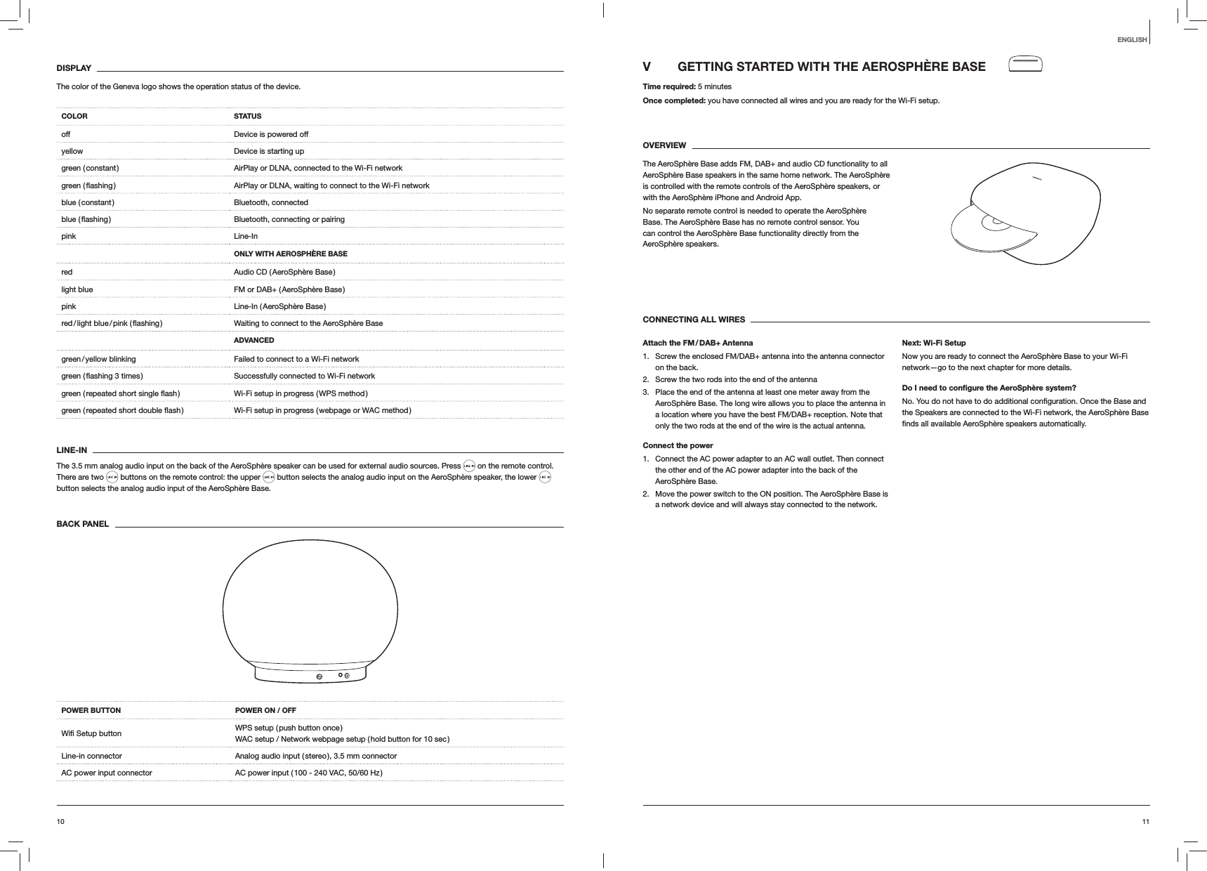 1110ENGLISHV  GETTING STARTED WITH THE AEROSPHÈRE BASETime required: 5 minutesOnce completed: you have connected all wires and you are ready for the Wi-Fi setup. OVERVIEWThe AeroSphère Base adds FM, DAB+ and audio CD functionality to all AeroSphère Base speakers in the same home network. The AeroSphère is controlled with the remote controls of the AeroSphère speakers, or with the AeroSphère iPhone and Android App. No separate remote control is needed to operate the AeroSphère Base. The AeroSphère Base has no remote control sensor. You can control the AeroSphère Base functionality directly from the AeroSphère speakers.CONNECTING ALL WIRESAttach the FM / DAB+ Antenna1.  Screw the enclosed FM/DAB+ antenna into the antenna connector on the back. 2.  Screw the two rods into the end of the antenna3.  Place the end of the antenna at least one meter away from the AeroSphère Base. The long wire allows you to place the antenna in a location where you have the best FM/DAB+ reception. Note that only the two rods at the end of the wire is the actual antenna.Connect the power1.  Connect the AC power adapter to an AC wall outlet. Then connect the other end of the AC power adapter into the back of the AeroSphère Base. 2.  Move the power switch to the ON position. The AeroSphère Base is a network device and will always stay connected to the network. Next: Wi-Fi SetupNow you are ready to connect the AeroSphère Base to your Wi-Fi network—go to the next chapter for more details.Do I need to conﬁgure the AeroSphère system?the Speakers are connected to the Wi-Fi network, the AeroSphère Base  automatically.DISPLAYThe color of the Geneva logo shows the operation status of the device.COLOR STATUSoff Device is powered offyellow Device is starting upgreen ( constant ) AirPlay or DLNA, connected to the Wi-Fi network AirPlay or DLNA, waiting to connect to the Wi-Fi network blue  ( constant ) Bluetooth,  connected Bluetooth, connecting or pairingpink Line-InONLY WITH AEROSPHÈRE BASEred Audio CD ( AeroSphère Base )light blue FM or DAB+ ( AeroSphère Base )pink Line-In  ( AeroSphère  Base ) Waiting to connect to the AeroSphère BaseADVANCEDgreen / yellow blinking Failed to connect to a Wi-Fi network Successfully connected to Wi-Fi network Wi-Fi setup in progress ( WPS method ) Wi-Fi setup in progress ( webpage or WAC method )LINE-INThe 3.5 mm analog audio input on the back of the AeroSphère speaker can be used for external audio sources. Press   on the remote control. There are two   buttons on the remote control: the upper   button selects the analog audio input on the AeroSphère speaker, the lower   button selects the analog audio input of the AeroSphère Base.BACK PANEL POWER BUTTON  POWER ON / OFF WPS setup ( push button once )  WAC setup / Network webpage setup ( hold button for 10 sec )Line-in connector Analog audio input ( stereo ), 3.5 mm connectorAC power input connector AC power input ( 100 - 240 VAC, 50/60 Hz )