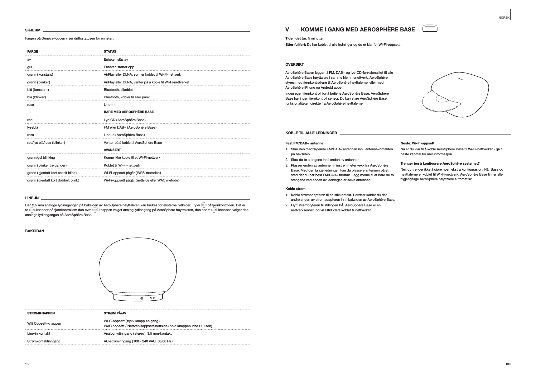 139138V  KOMME I GANG MED AEROSPHÈRE BASE Tiden det tar: 5 minutterEtter fullført: Du har koblet til alle ledninger og du er klar for Wi-Fi-oppsett.OVERSIKTAeroSphère Basen legger til FM, DAB+ og lyd-CD-funksjonalitet til alle AeroSphère Base høyttalere i samme hjemmenettverk. AeroSphère styres med fjernkontrollene til AeroSphère høyttalerne, eller med AeroSphère iPhone og Android appen. Ingen egen fjernkontroll for å betjene AeroSphère Base. AeroSphère Base har ingen fjernkontroll sensor. Du kan styre AeroSphère Base funksjonaliteten direkte fra AeroSphère høyttalerne.KOBLE TIL ALLE LEDNINGERFest FM/DAB+ antenne1.  Skru den medfølgende FM/DAB+ antennen inn i antennekontakten på baksiden. 2.  Skru de to stengene inn i enden av antennen3.  Plasser enden av antennen minst en meter vekk fra AeroSphère Base. Med den lange ledningen kan du plassere antennen på et sted der du har best FM/DAB+ mottak. Legg merke til at bare de to stengene ved enden av ledningen er selve antennen.Koble strøm1.  Koble strømadapteren til en stikkontakt. Deretter kobler du den andre enden av strømadapteren inn i baksiden av AeroSphère Base. 2.  Flytt strømbryteren til stillingen PÅ. AeroSphère Base er en nettverksenhet, og vil alltid være koblet til nettverket. Neste: Wi-Fi-oppsettNå er du klar til å koble AeroSphère Base til Wi-Fi-nettverket - gå til neste kapittel for mer informasjon.Trenger jeg å konﬁgurere AeroSphère systemet?tilgjengelige AeroSphère høyttalere automatisk.SKJERMFargen på Geneva-logoen viser driftsstatusen for enheten.FARGE STATUSav Enheten slås avgul Enheten starter oppgrønn ( konstant ) AirPlay eller DLNA, som er koblet til Wi-Fi-nettverkgrønn ( blinker ) AirPlay eller DLNA, venter på å koble til Wi-Fi-nettverket blå  ( konstant ) Bluetooth,  tilkobletblå ( blinker ) Bluetooth, kobler til eller parerrosa Line-InBARE MED AEROSPHÈRE BASErød Lyd CD ( AeroSphère Base )lyseblå FM eller DAB+ ( AeroSphère Base )rosa Line-In  ( AeroSphère  Base )rød/lys blå/rosa ( blinker ) Venter på å koble til AeroSphère BaseAVANSERTgrønn/gul blinking Kunne ikke koble til et Wi-Fi-nettverkgrønn ( blinker tre ganger ) Koblet til Wi-Fi-nettverkgrønn ( gjentatt kort enkelt blink ) Wi-Fi-oppsett pågår ( WPS-metoden )grønn ( gjentatt kort dobbelt blink ) Wi-Fi-oppsett pågår ( nettside eller WAC metode )LINE-INDen 3,5 mm analoge lydinngangen på baksiden av AeroSphère høyttaleren kan brukes for eksterne lydkilder. Trykk   på fjernkontrollen. Det er to  -knapper på fjernkontrollen: den øvre   knappen velger analog lydinngang på AeroSphère høyttaleren, den nedre  -knappen velger den analoge lydinngangen på AeroSphère Base.BAKSIDAN STRØMKNAPPEN STRØM PÅ/AV WPS-oppsett ( trykk knapp en gang ) WAC oppsett / Nettverksoppsett-nettside ( hold knappen inne i 10 sek )Line-in kontakt Analog lydinngang ( stereo ), 3,5 mm-kontaktStrømkontaktinngang AC-strøminngang ( 100 - 240 VAC, 50/60 Hz )NORSK