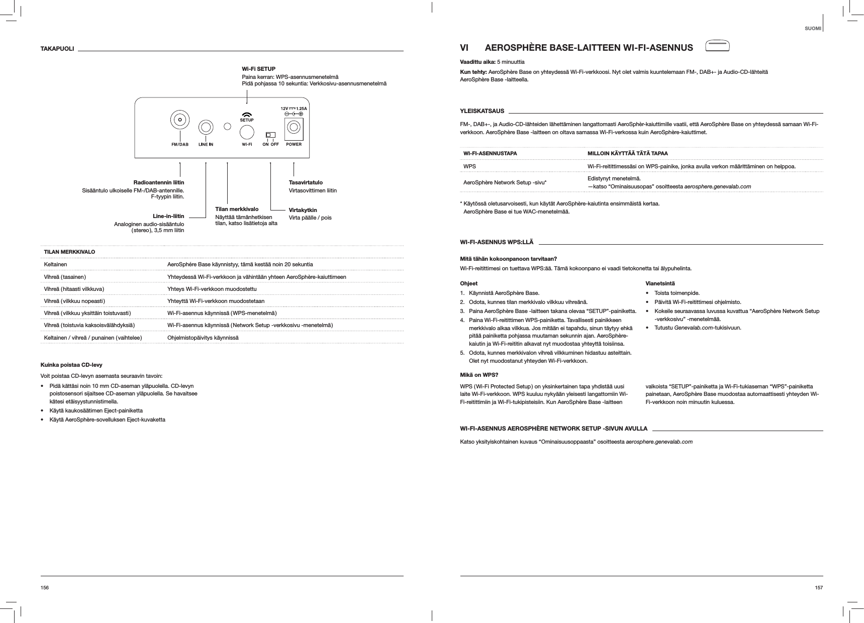157156VI  AEROSPHÈRE BASE-LAITTEEN WI-FI-ASENNUSVaadittu aika: 5 minuuttiaKun tehty: AeroSphère Base on yhteydessä Wi-Fi-verkkoosi. Nyt olet valmis kuuntelemaan FM-, DAB+- ja Audio-CD-lähteitä  AeroSphère Base -laitteella.YLEISKATSAUSFM-, DAB+-, ja Audio-CD-lähteiden lähettäminen langattomasti AeroSphèr-kaiuttimille vaatii, että AeroSphère Base on yhteydessä samaan Wi-Fi-verkkoon. AeroSphère Base -laitteen on oltava samassa Wi-Fi-verkossa kuin AeroSphère-kaiuttimet.WI-FI-ASENNUSTAPA MILLOIN KÄYTTÄÄ TÄTÄ TAPAAWPS Wi-Fi-reitittimessäsi on WPS-painike, jonka avulla verkon määrittäminen on helppoa.AeroSphère Network Setup -sivu* Edistynyt menetelmä. —katso “Ominaisuusopas” osoitteesta aerosphere.genevalab.com*  Käytössä oletusarvoisesti, kun käytät AeroSphère-kaiutinta ensimmäistä kertaa. AeroSphère Base ei tue WAC-menetelmää.WI-FI-ASENNUS WPS:LLÄMitä tähän kokoonpanoon tarvitaan?Wi-Fi-reitittimesi on tuettava WPS:ää. Tämä kokoonpano ei vaadi tietokonetta tai älypuhelinta.Ohjeet1.  Käynnistä AeroSphère Base.2.  Odota, kunnes tilan merkkivalo vilkkuu vihreänä.3.  Paina AeroSphère Base -laitteen takana olevaa “SETUP”-painiketta.4.  Paina Wi-Fi-reitittimen WPS-painiketta. Tavallisesti painikkeen merkkivalo alkaa vilkkua. Jos mitään ei tapahdu, sinun täytyy ehkä pitää painiketta pohjassa muutaman sekunnin ajan. AeroSphère-kaiutin ja Wi-Fi-reititin alkavat nyt muodostaa yhteyttä toisiinsa.5.  Odota, kunnes merkkivalon vihreä vilkkuminen hidastuu asteittain. Olet nyt muodostanut yhteyden Wi-Fi-verkkoon.Vianetsintä Toista toimenpide. Päivitä Wi-Fi-reitittimesi ohjelmisto. Kokeile seuraavassa luvussa kuvattua “AeroSphère Network Setup -verkkosivu” -menetelmää. Tutustu Genevalab.com-tukisivuun.Mikä on WPS?WPS ( Wi-Fi Protected Setup ) on yksinkertainen tapa yhdistää uusi laite Wi-Fi-verkkoon. WPS kuuluu nykyään yleisesti langattomiin Wi-Fi-reitittimiin ja Wi-Fi-tukipisteisiin. Kun AeroSphère Base -laitteen valkoista “SETUP”-painiketta ja Wi-Fi-tukiaseman “WPS”-painiketta painetaan, AeroSphère Base muodostaa automaattisesti yhteyden Wi-Fi-verkkoon noin minuutin kuluessa.WI-FI-ASENNUS AEROSPHÈRE NETWORK SETUP -SIVUN AVULLAKatso yksityiskohtainen kuvaus “Ominaisuusoppaasta” osoitteesta aerosphere.genevalab.comTAKAPUOLITILAN MERKKIVALOKeltainen AeroSphére Base käynnistyy, tämä kestää noin 20 sekuntiaVihreä ( tasainen ) Yhteydessä Wi-Fi-verkkoon ja vähintään yhteen AeroSphère-kaiuttimeenVihreä ( hitaasti vilkkuva ) Yhteys Wi-Fi-verkkoon muodostettuVihreä ( vilkkuu nopeasti ) Yhteyttä Wi-Fi-verkkoon muodostetaanVihreä ( vilkkuu yksittäin toistuvasti ) Wi-Fi-asennus käynnissä ( WPS-menetelmä )Vihreä ( toistuvia kaksoisvälähdyksiä ) Wi-Fi-asennus käynnissä ( Network Setup -verkkosivu -menetelmä )Keltainen / vihreä / punainen ( vaihtelee ) Ohjelmistopäivitys käynnissäKuinka poistaa CD-levyVoit poistaa CD-levyn asemasta seuraavin tavoin: Pidä kättäsi noin 10 mm CD-aseman yläpuolella. CD-levyn poistosensori sijaitsee CD-aseman yläpuolella. Se havaitsee kätesi etäisyystunnistimella. Käytä kaukosäätimen Eject-painiketta Käytä AeroSphère-sovelluksen Eject-kuvakettaSUOMIVirtakytkin Virta päälle / poisTasavirtatulo Virtasovittimen liitinRadioantennin liitinSisääntulo ulkoiselle FM-/DAB-antennille. F-tyypin liitin.Wi-Fi SETUP  Paina kerran: WPS-asennusmenetelmä Pidä pohjassa 10 sekuntia: Verkkosivu-asennusmenetelmäLine-in-liitin Analoginen audio-sisääntulo ( stereo ), 3,5 mm liitinTilan merkkivalo  Näyttää tämänhetkisen tilan, katso lisätietoja alta