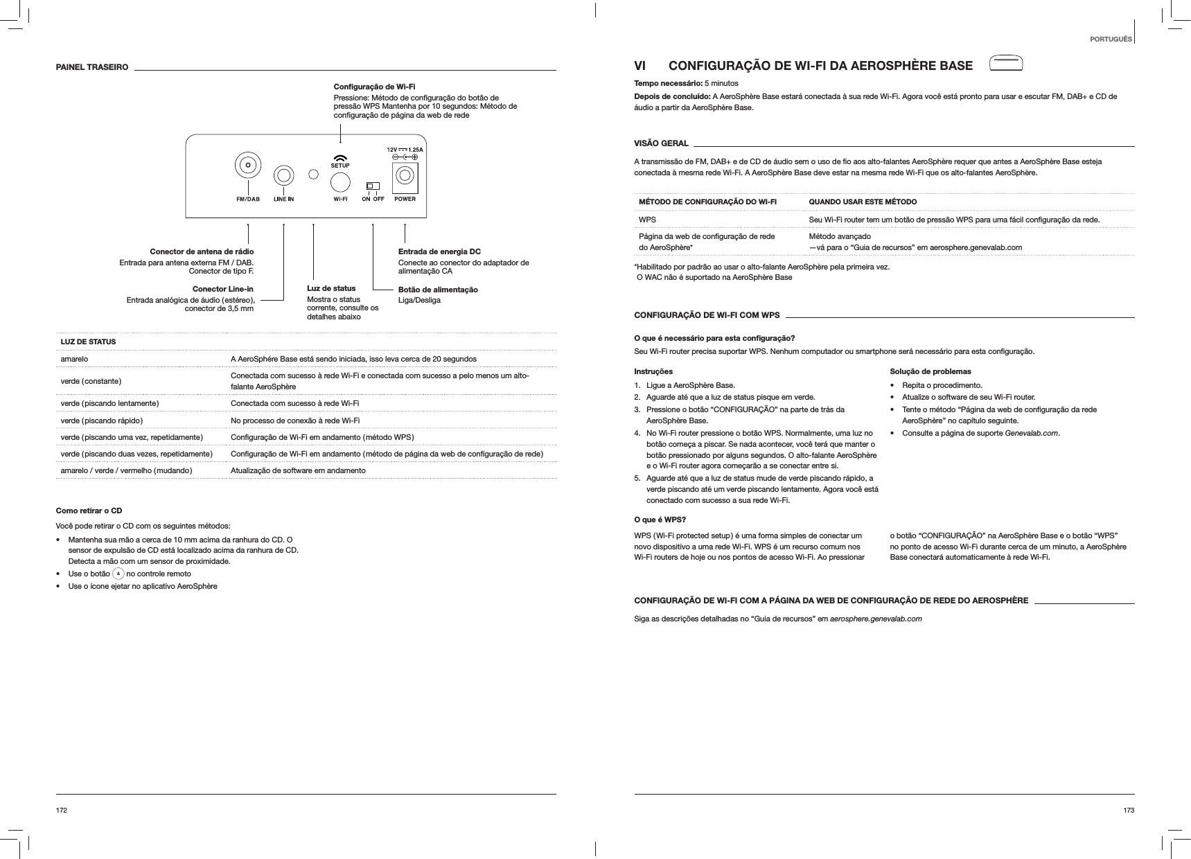 173172VI  CONFIGURAÇÃO DE WI-FI DA AEROSPHÈRE BASETempo necessário: 5 minutosDepois de concluído: A AeroSphère Base estará conectada à sua rede Wi-Fi. Agora você está pronto para usar e escutar FM, DAB+ e CD de áudio a partir da AeroSphère Base. VISÃO GERALconectada à mesma rede Wi-Fi. A AeroSphère Base deve estar na mesma rede Wi-Fi que os alto-falantes AeroSphère.MÉTODO DE CONFIGURAÇÃO DO WI-FI QUANDO USAR ESTE MÉTODOWPS  rede.do AeroSphère*Método avançado —vá para o “Guia de recursos” em aerosphere.genevalab.com* Habilitado por padrão ao usar o alto-falante AeroSphère pela primeira vez. O WAC não é suportado na AeroSphère BaseCONFIGURAÇÃO DE WI-FI COM WPSO que é necessário para esta conﬁguração?Seu Wi-Fi router precisa suportar WPS. Nenhum computador ou smartphone será necessário para esta Instruções1.  Ligue a AeroSphère Base.2.  Aguarde até que a luz de status pisque em verde.3.  Pressione o botão “CONFIGURAÇÃO” na parte de trás da AeroSphère Base.4.  No Wi-Fi router pressione o botão WPS. Normalmente, uma luz no botão começa a piscar. Se nada acontecer, você terá que manter o botão pressionado por alguns segundos. O alto-falante AeroSphère e o Wi-Fi router agora começarão a se conectar entre si.5.  Aguarde até que a luz de status mude de verde piscando rápido, a verde piscando até um verde piscando lentamente. Agora você está conectado com sucesso a sua rede Wi-Fi.Solução de problemas Repita o procedimento. Atualize o software de seu Wi-Fi router. AeroSphère” no capítulo seguinte. Consulte a página de suporte Genevalab.com.O que é WPS?WPS ( Wi-Fi protected setup ) é uma forma simples de conectar um novo dispositivo a uma rede Wi-Fi. WPS é um recurso comum nos Wi-Fi routers de hoje ou nos pontos de acesso Wi-Fi. Ao pressionar o botão “CONFIGURAÇÃO” na AeroSphère Base e o botão “WPS” no ponto de acesso Wi-Fi durante cerca de um minuto, a AeroSphère Base conectará automaticamente à rede Wi-Fi.CONFIGURAÇÃO DE WI-FI COM A PÁGINA DA WEB DE CONFIGURAÇÃO DE REDE DO AEROSPHÈRESiga as descrições detalhadas no “Guia de recursos” em aerosphere.genevalab.comPAINEL TRASEIROLUZ DE STATUSamarelo A AeroSphére Base está sendo iniciada, isso leva cerca de 20 segundosverde  ( constante ) Conectada com sucesso à rede Wi-Fi e conectada com sucesso a pelo menos um alto-falante AeroSphèreverde ( piscando lentamente ) Conectada com sucesso à rede Wi-Fiverde ( piscando rápido ) No processo de conexão à rede Wi-Fiverde ( piscando uma vez, repetidamente ) verde ( piscando duas vezes, repetidamente ) amarelo / verde / vermelho ( mudando ) Atualização de software em andamentoComo retirar o CDVocê pode retirar o CD com os seguintes métodos: Mantenha sua mão a cerca de 10 mm acima da ranhura do CD. O sensor de expulsão de CD está localizado acima da ranhura de CD. Detecta a mão com um sensor de proximidade. Use o botão   no controle remoto Use o ícone ejetar no aplicativo AeroSphèrePORTUGUÊSBotão de alimentação Liga/DesligaEntrada de energia DC Conecte ao conector do adaptador de alimentação CAConector de antena de rádio Entrada para antena externa FM / DAB.  Conector de tipo F.Conﬁguração de Wi-Fi  pressão WPS Mantenha por 10 segundos: Método de Conector Line-in Entrada analógica de áudio ( estéreo ), conector de 3,5 mmLuz de status  Mostra o status corrente, consulte os detalhes abaixo