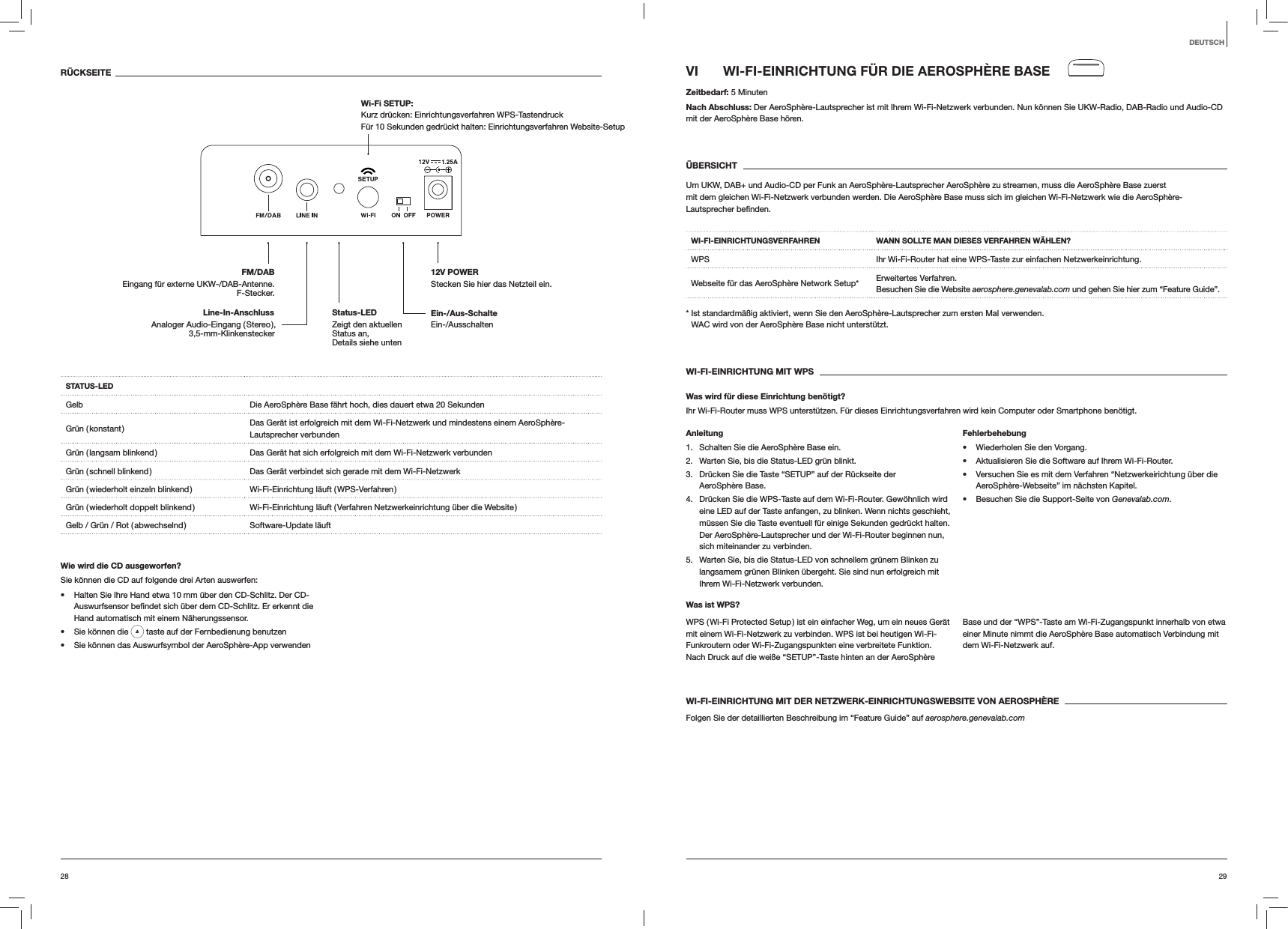 2928DEUTSCHVI  WI-FI-EINRICHTUNG F&Uuml;R DIE AEROSPH&Egrave;RE BASEZeitbedarf: 5 MinutenNach Abschluss: Der AeroSph&egrave;re-Lautsprecher ist mit Ihrem Wi-Fi-Netzwerk verbunden. Nun k&ouml;nnen Sie UKW-Radio, DAB-Radio und Audio-CD mit der AeroSph&egrave;re Base h&ouml;ren. &Uuml;BERSICHTUm UKW, DAB+ und Audio-CD per Funk an AeroSph&egrave;re-Lautsprecher AeroSph&egrave;re zu streamen, muss die AeroSph&egrave;re Base zuerst  mit dem gleichen Wi-Fi-Netzwerk verbunden werden. Die AeroSph&egrave;re Base muss sich im gleichen Wi-Fi-Netzwerk wie die AeroSph&egrave;re-Lautsprecher WI-FI-EINRICHTUNGSVERFAHREN WANN SOLLTE MAN DIESES VERFAHREN W&Auml;HLEN?WPS Ihr Wi-Fi-Router hat eine WPS-Taste zur einfachen Netzwerkeinrichtung.Webseite f&uuml;r das AeroSph&egrave;re Network Setup* Erweitertes Verfahren. Besuchen Sie die Website aerosphere.genevalab.com und gehen Sie hier zum &ldquo;Feature Guide&rdquo;.*  Ist standardm&auml;&szlig;ig aktiviert, wenn Sie den AeroSph&egrave;re-Lautsprecher zum ersten Mal verwenden. WAC wird von der AeroSph&egrave;re Base nicht unterst&uuml;tzt.WI-FI-EINRICHTUNG MIT WPSWas wird f&uuml;r diese Einrichtung ben&ouml;tigt?Ihr Wi-Fi-Router muss WPS unterst&uuml;tzen. F&uuml;r dieses Einrichtungsverfahren wird kein Computer oder Smartphone ben&ouml;tigt.Anleitung1.  Schalten Sie die AeroSph&egrave;re Base ein.2.  Warten Sie, bis die Status-LED gr&uuml;n blinkt.3.  Dr&uuml;cken Sie die Taste &ldquo;SETUP&rdquo; auf der R&uuml;ckseite der AeroSph&egrave;re Base.4.  Dr&uuml;cken Sie die WPS-Taste auf dem Wi-Fi-Router. Gew&ouml;hnlich wird eine LED auf der Taste anfangen, zu blinken. Wenn nichts geschieht, m&uuml;ssen Sie die Taste eventuell f&uuml;r einige Sekunden gedr&uuml;ckt halten. Der AeroSph&egrave;re-Lautsprecher und der Wi-Fi-Router beginnen nun, sich miteinander zu verbinden.5.  Warten Sie, bis die Status-LED von schnellem gr&uuml;nem Blinken zu langsamem gr&uuml;nen Blinken &uuml;bergeht. Sie sind nun erfolgreich mit Ihrem Wi-Fi-Netzwerk verbunden.Fehlerbehebung Wiederholen Sie den Vorgang. Aktualisieren Sie die Software auf Ihrem Wi-Fi-Router. Versuchen Sie es mit dem Verfahren &ldquo;Netzwerkeirichtung &uuml;ber die AeroSph&egrave;re-Webseite&rdquo; im n&auml;chsten Kapitel. Besuchen Sie die Support-Seite von Genevalab.com.Was ist WPS?WPS ( Wi-Fi Protected Setup ) ist ein einfacher Weg, um ein neues Ger&auml;t mit einem Wi-Fi-Netzwerk zu verbinden. WPS ist bei heutigen Wi-Fi-Funkroutern oder Wi-Fi-Zugangspunkten eine verbreitete Funktion. Nach Druck auf die wei&szlig;e &ldquo;SETUP&rdquo;-Taste hinten an der AeroSph&egrave;re Base und der &ldquo;WPS&rdquo;-Taste am Wi-Fi-Zugangspunkt innerhalb von etwa einer Minute nimmt die AeroSph&egrave;re Base automatisch Verbindung mit dem Wi-Fi-Netzwerk auf.WI-FI-EINRICHTUNG MIT DER NETZWERK-EINRICHTUNGSWEBSITE VON AEROSPH&Egrave;REFolgen Sie der detaillierten Beschreibung im &ldquo;Feature Guide&rdquo; auf aerosphere.genevalab.comR&Uuml;CKSEITESTATUS-LEDGelb Die AeroSph&egrave;re Base f&auml;hrt hoch, dies dauert etwa 20 SekundenGr&uuml;n  ( konstant ) Das Ger&auml;t ist erfolgreich mit dem Wi-Fi-Netzwerk und mindestens einem AeroSph&egrave;re-Lautsprecher verbundenGr&uuml;n ( langsam blinkend ) Das Ger&auml;t hat sich erfolgreich mit dem Wi-Fi-Netzwerk verbundenGr&uuml;n ( schnell blinkend ) Das Ger&auml;t verbindet sich gerade mit dem Wi-Fi-NetzwerkGr&uuml;n  ( wiederholt  einzeln  blinkend ) Wi-Fi-Einrichtung  l&auml;uft  ( WPS-Verfahren )Gr&uuml;n ( wiederholt doppelt blinkend ) Wi-Fi-Einrichtung l&auml;uft ( Verfahren Netzwerkeinrichtung &uuml;ber die Website )Gelb / Gr&uuml;n / Rot ( abwechselnd ) Software-Update l&auml;uftWie wird die CD ausgeworfen?Sie k&ouml;nnen die CD auf folgende drei Arten auswerfen: Halten Sie Ihre Hand etwa 10 mm &uuml;ber den CD-Schlitz. Der CD-Hand automatisch mit einem N&auml;herungssensor. Sie k&ouml;nnen die   taste auf der Fernbedienung benutzen Sie k&ouml;nnen das Auswurfsymbol der AeroSph&egrave;re-App verwendenEin-/Aus-Schalte Ein-/Ausschalten12V POWER Stecken Sie hier das Netzteil ein.FM/DAB Eingang f&uuml;r externe UKW-/DAB-Antenne. F-Stecker.Wi-Fi SETUP:  Kurz dr&uuml;cken: Einrichtungsverfahren WPS-Tastendruck F&uuml;r 10 Sekunden gedr&uuml;ckt halten: Einrichtungsverfahren Website-SetupLine-In-Anschluss Analoger Audio-Eingang ( Stereo ),  3,5-mm-KlinkensteckerStatus-LED  Zeigt den aktuellen  Status an,  Details siehe unten