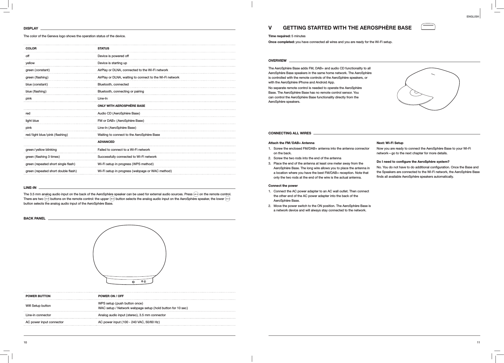 1110ENGLISHV  GETTING STARTED WITH THE AEROSPH&Egrave;RE BASETime required: 5 minutesOnce completed: you have connected all wires and you are ready for the Wi-Fi setup. OVERVIEWThe AeroSph&egrave;re Base adds FM, DAB+ and audio CD functionality to all AeroSph&egrave;re Base speakers in the same home network. The AeroSph&egrave;re is controlled with the remote controls of the AeroSph&egrave;re speakers, or with the AeroSph&egrave;re iPhone and Android App. No separate remote control is needed to operate the AeroSph&egrave;re Base. The AeroSph&egrave;re Base has no remote control sensor. You can control the AeroSph&egrave;re Base functionality directly from the AeroSph&egrave;re speakers.CONNECTING ALL WIRESAttach the FM / DAB+ Antenna1.  Screw the enclosed FM/DAB+ antenna into the antenna connector on the back. 2.  Screw the two rods into the end of the antenna3.  Place the end of the antenna at least one meter away from the AeroSph&egrave;re Base. The long wire allows you to place the antenna in a location where you have the best FM/DAB+ reception. Note that only the two rods at the end of the wire is the actual antenna.Connect the power1.  Connect the AC power adapter to an AC wall outlet. Then connect the other end of the AC power adapter into the back of the AeroSph&egrave;re Base. 2.  Move the power switch to the ON position. The AeroSph&egrave;re Base is a network device and will always stay connected to the network. Next: Wi-Fi SetupNow you are ready to connect the AeroSph&egrave;re Base to your Wi-Fi network&mdash;go to the next chapter for more details.Do I need to conﬁgure the AeroSph&egrave;re system?the Speakers are connected to the Wi-Fi network, the AeroSph&egrave;re Base  automatically.DISPLAYThe color of the Geneva logo shows the operation status of the device.COLOR STATUSoff Device is powered offyellow Device is starting upgreen ( constant ) AirPlay or DLNA, connected to the Wi-Fi network AirPlay or DLNA, waiting to connect to the Wi-Fi network blue  ( constant ) Bluetooth,  connected Bluetooth, connecting or pairingpink Line-InONLY WITH AEROSPH&Egrave;RE BASEred Audio CD ( AeroSph&egrave;re Base )light blue FM or DAB+ ( AeroSph&egrave;re Base )pink Line-In  ( AeroSph&egrave;re  Base ) Waiting to connect to the AeroSph&egrave;re BaseADVANCEDgreen / yellow blinking Failed to connect to a Wi-Fi network Successfully connected to Wi-Fi network Wi-Fi setup in progress ( WPS method ) Wi-Fi setup in progress ( webpage or WAC method )LINE-INThe 3.5 mm analog audio input on the back of the AeroSph&egrave;re speaker can be used for external audio sources. Press   on the remote control. There are two   buttons on the remote control: the upper   button selects the analog audio input on the AeroSph&egrave;re speaker, the lower   button selects the analog audio input of the AeroSph&egrave;re Base.BACK PANEL POWER BUTTON  POWER ON / OFF WPS setup ( push button once )  WAC setup / Network webpage setup ( hold button for 10 sec )Line-in connector Analog audio input ( stereo ), 3.5 mm connectorAC power input connector AC power input ( 100 - 240 VAC, 50/60 Hz )