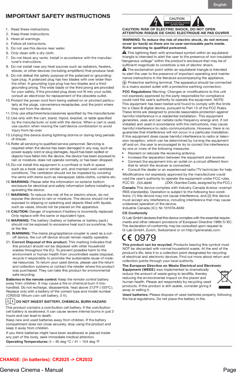 CHANGE: (in batteries): CR2025 -> CR2032Geneva Cinema - Manual Page 