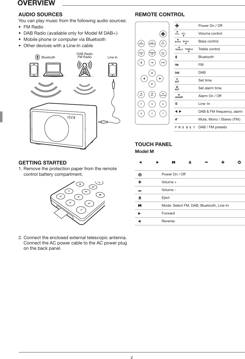 2OVERVIEWAUDIO SOURCESYou can play music from the following audio sources:&bull;  FM Radio&bull;  DAB Radio ( available only for Model M DAB+ )&bull;  Mobile phone or computer via Bluetooth&bull;  Other devices with a Line-In cableBluetoothDAB RadioFM Radio Line-InGETTING STARTED1. Remove the protection paper from the remote    control battery compartment.2. Connect the enclosed external telescopic antenna.    Connect the AC power cable to the AC power plug    on the back panel.REMOTE CONTROLTOUCH PANELModel M Power On / Off     Volume control    Bass control     Treble control Bluetooth FM DAB  Set time  Set alarm time  Alarm On / Off  Line  - In     DAB &amp; FM frequency, alarm Mute, Mono / Stereo ( FM )                 DAB / FM presets Power On / Off Volume + Volume -    Eject Mode: Select FM, DAB, Bluetooth, Line-In Forward Reverse