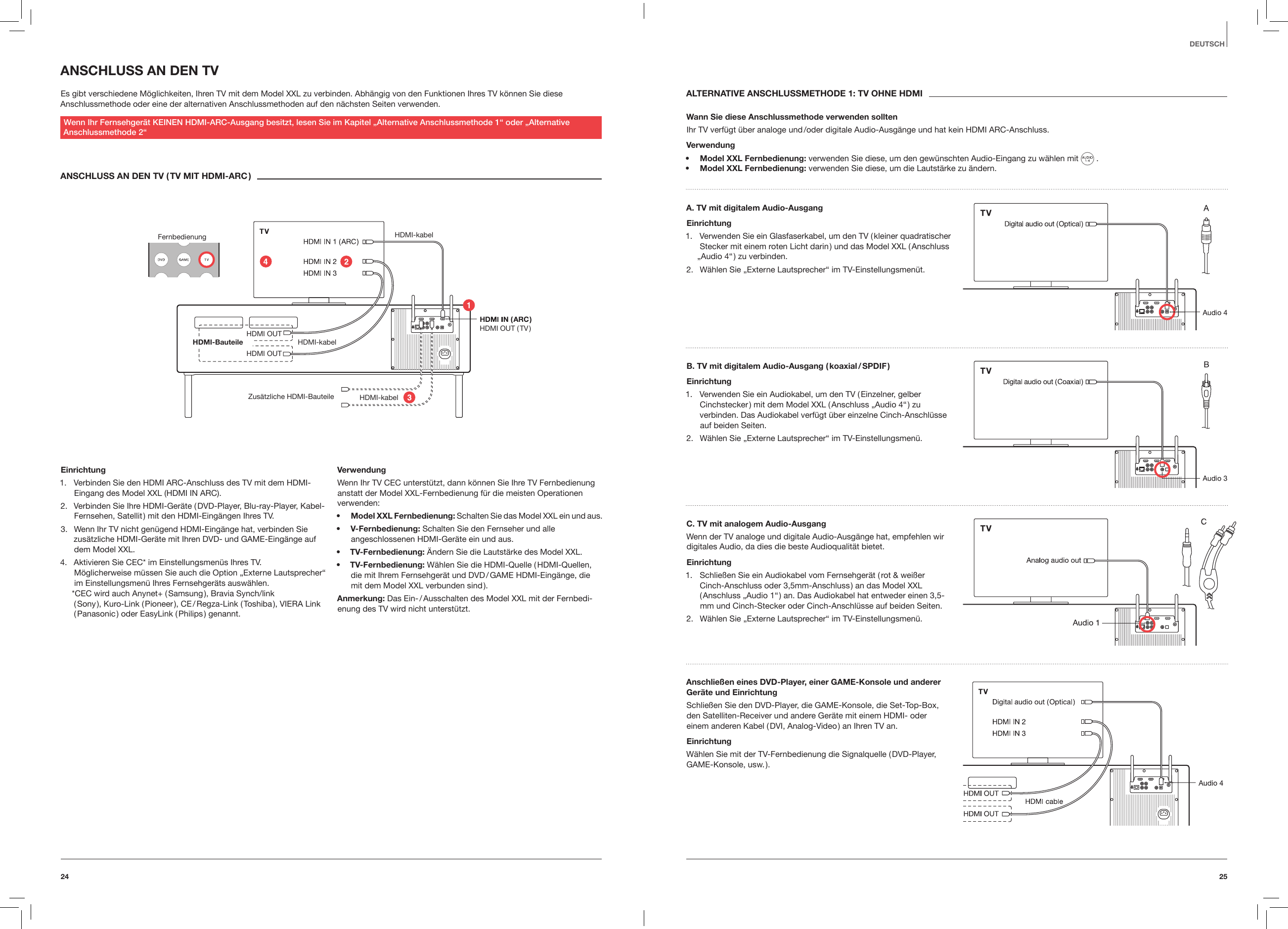 2524DEUTSCHANSCHLUSS AN DEN TVEs gibt verschiedene M&ouml;glichkeiten, Ihren TV mit dem Model XXL zu verbinden. Abh&auml;ngig von den Funktionen Ihres TV k&ouml;nnen Sie diese Anschlussmethode oder eine der alternativen Anschlussmethoden auf den n&auml;chsten Seiten verwenden.Wenn Ihr Fernsehger&auml;t KEINEN HDMI-ARC-Ausgang besitzt, lesen Sie im Kapitel &bdquo;Alternative Anschlussmethode 1&ldquo; oder &bdquo;Alternative  Anschlussmethode 2&ldquo;ANSCHLUSS AN DEN TV ( TV MIT HDMI-ARC )Fernbedienung HDMI-kabel HDMI-kabelHDMI-kabel HDMI OUT HDMI OUT ( TV )HDMI OUTHDMI-Bauteile Zus&auml;tzliche HDMI-BauteileEinrichtung1.  Verbinden Sie den HDMI ARC-Anschluss des TV mit dem HDMI-Eingang des Model XXL (HDMI IN ARC).2.  Verbinden Sie Ihre HDMI-Ger&auml;te ( DVD-Player, Blu-ray-Player, Kabel-Fernsehen, Satellit ) mit den HDMI-Eing&auml;ngen Ihres TV.3.  Wenn Ihr TV nicht gen&uuml;gend HDMI-Eing&auml;nge hat, verbinden Sie zus&auml;tzliche HDMI-Ger&auml;te mit Ihren DVD- und GAME-Eing&auml;nge auf dem Model XXL.4.  Aktivieren Sie CEC* im Einstellungsmen&uuml;s Ihres TV. M&ouml;glicherweise m&uuml;ssen Sie auch die Option &bdquo;Externe Lautsprecher&ldquo; im Einstellungsmen&uuml; Ihres Fernsehger&auml;ts ausw&auml;hlen. *CEC wird auch Anynet+ ( Samsung ), Bravia Synch/link ( Sony ),  Kuro-Link  ( Pioneer ),  CE / Regza-Link  ( Toshiba ),  VIERA  Link ( Panasonic )  oder  EasyLink  ( Philips )  genannt.VerwendungWenn Ihr TV CEC unterst&uuml;tzt, dann k&ouml;nnen Sie Ihre TV Fernbedienung anstatt der Model XXL-Fernbedienung f&uuml;r die meisten Operationen verwenden:&bull;  Model XXL Fernbedienung: Schalten Sie das Model XXL ein und aus.&bull;  V-Fernbedienung: Schalten Sie den Fernseher und alle angeschlossenen HDMI-Ger&auml;te ein und aus.&bull;  TV-Fernbedienung: &Auml;ndern Sie die Lautst&auml;rke des Model XXL.&bull;  TV-Fernbedienung: W&auml;hlen Sie die HDMI-Quelle ( HDMI-Quellen, die mit Ihrem Fernsehger&auml;t und DVD / GAME HDMI-Eing&auml;nge, die mit dem Model XXL verbunden sind ).Anmerkung: Das Ein- / Ausschalten des Model XXL mit der Fernbedi-enung des TV wird nicht unterst&uuml;tzt.ALTERNATIVE ANSCHLUSSMETHODE 1: TV OHNE HDMIWann Sie diese Anschlussmethode verwenden solltenIhr TV verf&uuml;gt &uuml;ber analoge und /oder digitale Audio-Ausg&auml;nge und hat kein HDMI ARC-Anschluss.Verwendung&bull;  Model XXL Fernbedienung: verwenden Sie diese, um den gew&uuml;nschten Audio-Eingang zu w&auml;hlen mit   .&bull;  Model XXL Fernbedienung: verwenden Sie diese, um die Lautst&auml;rke zu &auml;ndern.A. TV mit digitalem Audio-Ausgang Einrichtung1.  Verwenden Sie ein Glasfaserkabel, um den TV ( kleiner quadratischer Stecker mit einem roten Licht darin ) und das Model XXL ( Anschluss &bdquo;Audio 4&ldquo; ) zu verbinden.2.  W&auml;hlen Sie &bdquo;Externe Lautsprecher&ldquo; im TV-Einstellungsmen&uuml;t.B. TV mit digitalem Audio-Ausgang ( koaxial / SPDIF ) Einrichtung1.  Verwenden Sie ein Audiokabel, um den TV ( Einzelner, gelber Cinchstecker ) mit dem Model XXL ( Anschluss &bdquo;Audio 4&ldquo; ) zu verbinden. Das Audiokabel verf&uuml;gt &uuml;ber einzelne Cinch-Anschl&uuml;sse auf beiden Seiten.2.  W&auml;hlen Sie &bdquo;Externe Lautsprecher&ldquo; im TV-Einstellungsmen&uuml;.C. TV mit analogem Audio-AusgangWenn der TV analoge und digitale Audio-Ausg&auml;nge hat, empfehlen wir digitales Audio, da dies die beste Audioqualit&auml;t bietet.Einrichtung1.  Schlie&szlig;en Sie ein Audiokabel vom Fernsehger&auml;t ( rot &amp; wei&szlig;er Cinch-Anschluss oder 3,5mm-Anschluss ) an das Model XXL ( Anschluss &bdquo;Audio 1&ldquo; ) an. Das Audiokabel hat entweder einen 3,5-mm und Cinch-Stecker oder Cinch-Anschl&uuml;sse auf beiden Seiten.2.  W&auml;hlen Sie &bdquo;Externe Lautsprecher&ldquo; im TV-Einstellungsmen&uuml;.Anschlie&szlig;en eines DVD-Player, einer GAME-Konsole und anderer Ger&auml;te und EinrichtungSchlie&szlig;en Sie den DVD-Player, die GAME-Konsole, die Set-Top-Box, den Satelliten-Receiver und andere Ger&auml;te mit einem HDMI- oder einem anderen Kabel ( DVI, Analog-Video ) an Ihren TV an.EinrichtungW&auml;hlen Sie mit der TV-Fernbedienung die Signalquelle ( DVD-Player, GAME-Konsole,  usw. ). 