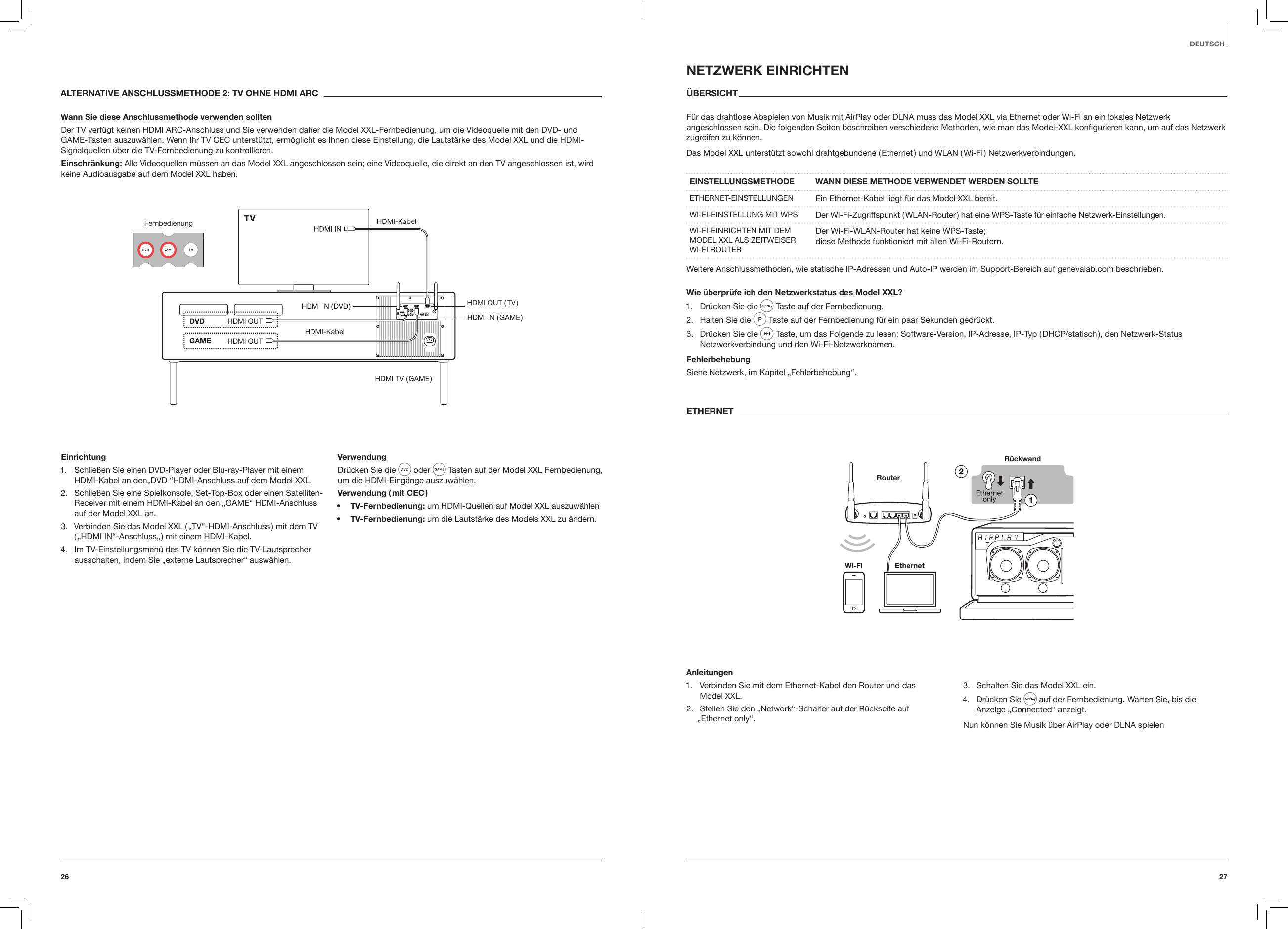 2726DEUTSCHALTERNATIVE ANSCHLUSSMETHODE 2: TV OHNE HDMI ARCWann Sie diese Anschlussmethode verwenden solltenDer TV verf&uuml;gt keinen HDMI ARC-Anschluss und Sie verwenden daher die Model XXL-Fernbedienung, um die Videoquelle mit den DVD- und GAME-Tasten auszuw&auml;hlen. Wenn Ihr TV CEC unterst&uuml;tzt, erm&ouml;glicht es Ihnen diese Einstellung, die Lautst&auml;rke des Model XXL und die HDMI-Signalquellen &uuml;ber die TV-Fernbedienung zu kontrollieren.Einschr&auml;nkung: Alle Videoquellen m&uuml;ssen an das Model XXL angeschlossen sein; eine Videoquelle, die direkt an den TV angeschlossen ist, wird keine Audioausgabe auf dem Model XXL haben.Fernbedienung HDMI-KabelHDMI-KabelHDMI OUTHDMI  OUT  ( TV )HDMI OUTEinrichtung1.  Schlie&szlig;en Sie einen DVD-Player oder Blu-ray-Player mit einem HDMI-Kabel an den&bdquo;DVD &ldquo;HDMI-Anschluss auf dem Model XXL.2.  Schlie&szlig;en Sie eine Spielkonsole, Set-Top-Box oder einen Satelliten-Receiver mit einem HDMI-Kabel an den &bdquo;GAME&ldquo; HDMI-Anschluss auf der Model XXL an.3.  Verbinden Sie das Model XXL ( &bdquo;TV&ldquo;-HDMI-Anschluss ) mit dem TV ( &bdquo;HDMI IN&ldquo;-Anschluss&bdquo; ) mit einem HDMI-Kabel.4.  Im TV-Einstellungsmen&uuml; des TV k&ouml;nnen Sie die TV-Lautsprecher ausschalten, indem Sie &bdquo;externe Lautsprecher&ldquo; ausw&auml;hlen.Verwendung Dr&uuml;cken Sie die   oder   Tasten auf der Model XXL Fernbedienung,  um die HDMI-Eing&auml;nge auszuw&auml;hlen.Verwendung  ( mit  CEC )&bull;  TV-Fernbedienung: um HDMI-Quellen auf Model XXL auszuw&auml;hlen&bull;  TV-Fernbedienung: um die Lautst&auml;rke des Models XXL zu &auml;ndern.NETZWERK EINRICHTEN&Uuml;BERSICHT F&uuml;r das drahtlose Abspielen von Musik mit AirPlay oder DLNA muss das Model XXL via Ethernet oder Wi-Fi an ein lokales Netzwerk angeschlossen sein. Die folgenden Seiten beschreiben verschiedene Methoden, wie man das Model-XXL konﬁgurieren kann, um auf das Netzwerk zugreifen zu k&ouml;nnen. Das Model XXL unterst&uuml;tzt sowohl drahtgebundene ( Ethernet ) und WLAN ( Wi-Fi ) Netzwerkverbindungen. EINSTELLUNGSMETHODE  WANN DIESE METHODE VERWENDET WERDEN SOLLTEETHERNET-EINSTELLUNGEN Ein Ethernet-Kabel liegt f&uuml;r das Model XXL bereit.WI-FI-EINSTELLUNG MIT WPS Der Wi-Fi-Zugriffspunkt ( WLAN-Router ) hat eine WPS-Taste f&uuml;r einfache Netzwerk-Einstellungen.WI-FI-EINRICHTEN MIT DEM MODEL XXL ALS ZEITWEISER WI-FI ROUTERDer Wi-Fi-WLAN-Router hat keine WPS-Taste;  diese Methode funktioniert mit allen Wi-Fi-Routern.Weitere Anschlussmethoden, wie statische IP-Adressen und Auto-IP werden im Support-Bereich auf genevalab.com beschrieben.Wie &uuml;berpr&uuml;fe ich den Netzwerkstatus des Model XXL?1.  Dr&uuml;cken Sie die   Taste auf der Fernbedienung.2.  Halten Sie die   Taste auf der Fernbedienung f&uuml;r ein paar Sekunden gedr&uuml;ckt.3.  Dr&uuml;cken Sie die   Taste, um das Folgende zu lesen: Software-Version, IP-Adresse, IP-Typ ( DHCP/statisch ), den Netzwerk-Status Netzwerkverbindung und den Wi-Fi-Netzwerknamen.FehlerbehebungSiehe Netzwerk, im Kapitel &bdquo;Fehlerbehebung&ldquo;.ETHERNETR&uuml;ckwandRouterAnleitungen1.  Verbinden Sie mit dem Ethernet-Kabel den Router und das   Model XXL.2.  Stellen Sie den &bdquo;Network&ldquo;-Schalter auf der R&uuml;ckseite auf  &bdquo;Ethernet only&ldquo;.3.  Schalten Sie das Model XXL ein.4.  Dr&uuml;cken Sie   auf der Fernbedienung. Warten Sie, bis die Anzeige &bdquo;Connected&ldquo; anzeigt.Nun k&ouml;nnen Sie Musik &uuml;ber AirPlay oder DLNA spielen