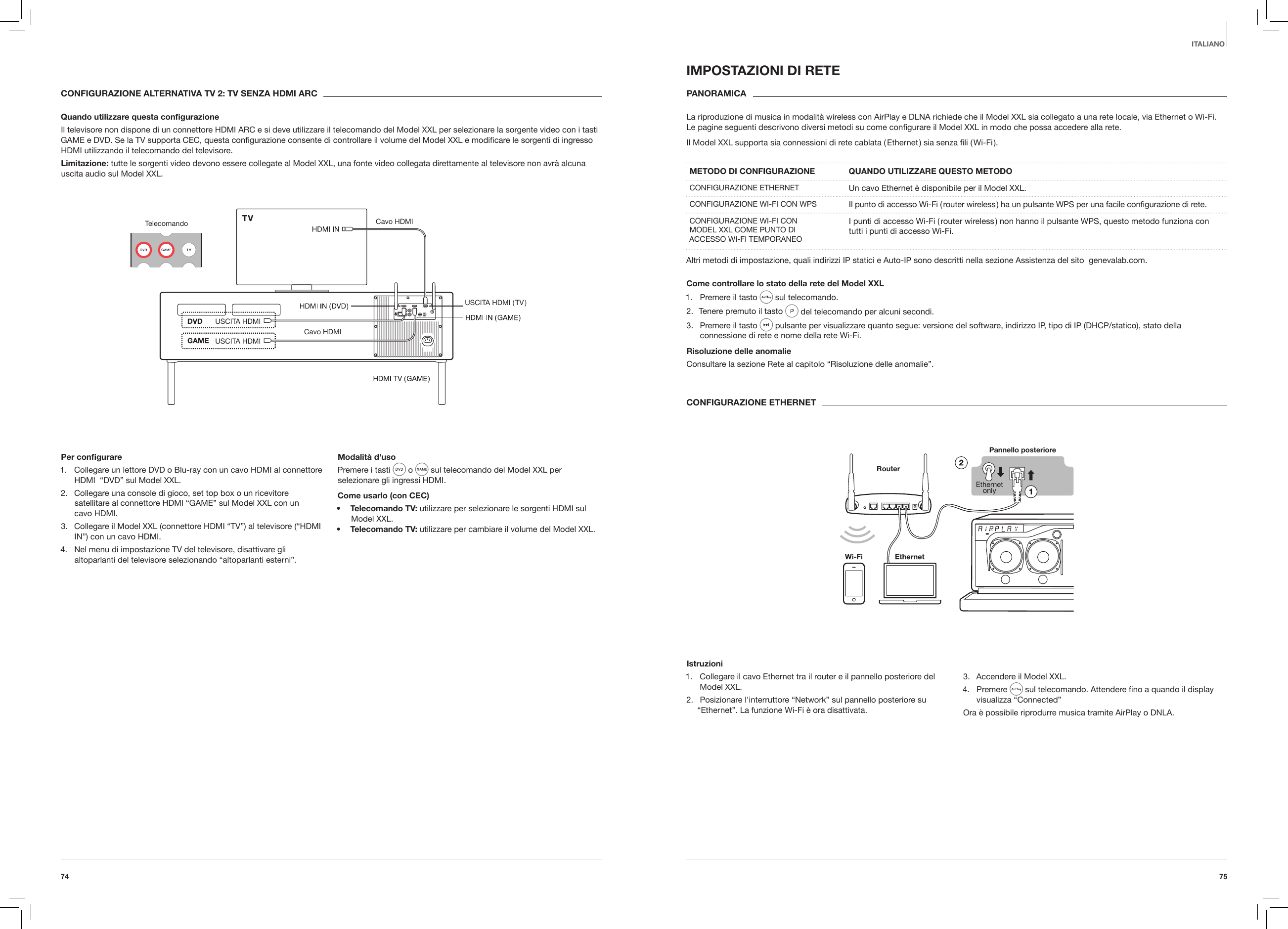 7574ITALIANOCONFIGURAZIONE ALTERNATIVA TV 2: TV SENZA HDMI ARCQuando utilizzare questa congurazioneIl televisore non dispone di un connettore HDMI ARC e si deve utilizzare il telecomando del Model XXL per selezionare la sorgente video con i tasti GAME e DVD. Se la TV supporta CEC, questa conﬁgurazione consente di controllare il volume del Model XXL e modiﬁcare le sorgenti di ingresso HDMI utilizzando il telecomando del televisore.Limitazione: tutte le sorgenti video devono essere collegate al Model XXL, una fonte video collegata direttamente al televisore non avr&agrave; alcuna uscita audio sul Model XXL.Telecomando Cavo HDMICavo HDMIUSCITA HDMI USCITA HDMI ( TV )USCITA HDMI Per congurare1.  Collegare un lettore DVD o Blu-ray con un cavo HDMI al connettore HDMI  &ldquo;DVD&rdquo; sul Model XXL.2.  Collegare una console di gioco, set top box o un ricevitore satellitare al connettore HDMI &ldquo;GAME&rdquo; sul Model XXL con un  cavo HDMI.3.  Collegare il Model XXL (connettore HDMI &ldquo;TV&rdquo;) al televisore (&ldquo;HDMI IN&rdquo;) con un cavo HDMI.4.  Nel menu di impostazione TV del televisore, disattivare gli altoparlanti del televisore selezionando &ldquo;altoparlanti esterni&rdquo;.Modalit&agrave; d'uso Premere i tasti   o   sul telecomando del Model XXL per selezionare gli ingressi HDMI.Come usarlo (con CEC)&bull;  Telecomando TV: utilizzare per selezionare le sorgenti HDMI sul Model XXL.&bull;  Telecomando TV: utilizzare per cambiare il volume del Model XXL.IMPOSTAZIONI DI RETEPANORAMICA La riproduzione di musica in modalit&agrave; wireless con AirPlay e DLNA richiede che il Model XXL sia collegato a una rete locale, via Ethernet o Wi-Fi. Le pagine seguenti descrivono diversi metodi su come conﬁgurare il Model XXL in modo che possa accedere alla rete. Il Model XXL supporta sia connessioni di rete cablata ( Ethernet ) sia senza ﬁli ( Wi-Fi ). METODO DI CONFIGURAZIONE    QUANDO UTILIZZARE QUESTO METODOCONFIGURAZIONE ETHERNET Un cavo Ethernet &egrave; disponibile per il Model XXL.CONFIGURAZIONE WI-FI CON WPS  Il punto di accesso Wi-Fi ( router wireless ) ha un pulsante WPS per una facile conﬁgurazione di rete.CONFIGURAZIONE WI-FI CON  MODEL XXL COME PUNTO DI ACCESSO WI-FI TEMPORANEOI punti di accesso Wi-Fi ( router wireless ) non hanno il pulsante WPS, questo metodo funziona con tutti i punti di accesso Wi-Fi. Altri metodi di impostazione, quali indirizzi IP statici e Auto-IP sono descritti nella sezione Assistenza del sito  genevalab.com.Come controllare lo stato della rete del Model XXL1.  Premere il tasto   sul telecomando.2.  Tenere premuto il tasto   del telecomando per alcuni secondi.3.  Premere il tasto   pulsante per visualizzare quanto segue: versione del software, indirizzo IP, tipo di IP (DHCP/statico), stato della connessione di rete e nome della rete Wi-Fi.Risoluzione delle anomalieConsultare la sezione Rete al capitolo &ldquo;Risoluzione delle anomalie&rdquo;.CONFIGURAZIONE ETHERNET   Pannello posterioreRouterIstruzioni1.  Collegare il cavo Ethernet tra il router e il pannello posteriore del Model XXL.2.  Posizionare l'interruttore &ldquo;Network&rdquo; sul pannello posteriore su &ldquo;Ethernet&rdquo;. La funzione Wi-Fi &egrave; ora disattivata.3.  Accendere il Model XXL.4.  Premere   sul telecomando. Attendere ﬁno a quando il display visualizza &ldquo;Connected&rdquo;Ora &egrave; possibile riprodurre musica tramite AirPlay o DNLA.  