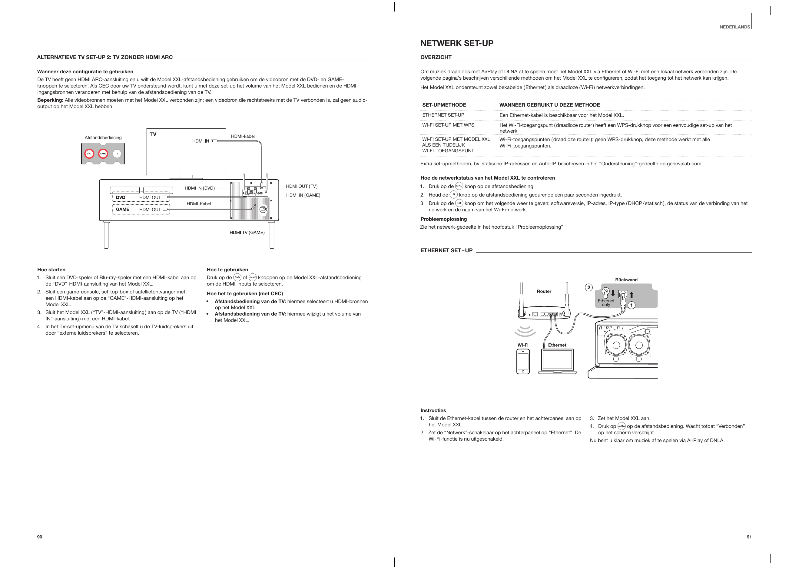 9190NEDERLANDSALTERNATIEVE TV SET-UP 2: TV ZONDER HDMI ARCWanneer deze conguratie te gebruikenDe TV heeft geen HDMI ARC-aansluiting en u wilt de Model XXL-afstandsbediening gebruiken om de videobron met de DVD- en GAME-knoppen te selecteren. Als CEC door uw TV ondersteund wordt, kunt u met deze set-up het volume van het Model XXL bedienen en de HDMI-ingangsbronnen veranderen met behulp van de afstandsbediening van de TV.Beperking: Alle videobronnen moeten met het Model XXL verbonden zijn; een videobron die rechtstreeks met de TV verbonden is, zal geen audio-output op het Model XXL hebbenAfstandsbediening HDMI-kabelHDMI-KabelHDMI OUTHDMI  OUT  ( TV )HDMI OUTHoe starten 1.  Sluit een DVD-speler of Blu-ray-speler met een HDMI-kabel aan op de &ldquo;DVD&rdquo;-HDMI-aansluiting van het Model XXL.2.  Sluit een game-console, set-top-box of satellietontvanger met  een HDMI-kabel aan op de &ldquo;GAME&rdquo;-HDMI-aansluiting op het  Model XXL.3.  Sluit het Model XXL ( &ldquo;TV&rdquo;-HDMI-aansluiting ) aan op de TV ( &ldquo;HDMI IN&rdquo;-aansluiting ) met een HDMI-kabel.4.  In het TV-set-upmenu van de TV schakelt u de TV-luidsprekers uit door &ldquo;externe luidsprekers&rdquo; te selecteren.Hoe te gebruiken Druk op de   of   knoppen op de Model XXL-afstandsbediening om de HDMI-inputs te selecteren.Hoe het te gebruiken (met CEC)&bull;  Afstandsbediening van de TV: hiermee selecteert u HDMI-bronnen op het Model XXL.&bull;  Afstandsbediening van de TV: hiermee wijzigt u het volume van het Model XXL.NETWERK SET-UPOVERZICHT Om muziek draadloos met AirPlay of DLNA af te spelen moet het Model XXL via Ethernet of Wi-Fi met een lokaal netwerk verbonden zijn. De volgende pagina's beschrijven verschillende methoden om het Model XXL te conﬁgureren, zodat het toegang tot het netwerk kan krijgen. Het Model XXL ondersteunt zowel bekabelde ( Ethernet ) als draadloze ( Wi-Fi ) netwerkverbindingen. SET-UPMETHODE  WANNEER GEBRUIKT U DEZE METHODEETHERNET SET-UP Een Ethernet-kabel is beschikbaar voor het Model XXL.WI-FI SET-UP MET WPS Het Wi-Fi-toegangspunt ( draadloze router ) heeft een WPS-drukknop voor een eenvoudige set-up van het netwerk.WI-FI SET-UP MET MODEL XXL ALS EEN TIJDELIJK WI-FI-TOEGANGSPUNTWi-Fi-toegangspunten ( draadloze router ): geen WPS-drukknop, deze methode werkt met alle  Wi-Fi-toegangspunten.Extra set-upmethoden, bv. statische IP-adressen en Auto-IP, beschreven in het &ldquo;Ondersteuning&rdquo;-gedeelte op genevalab.com.Hoe de netwerkstatus van het Model XXL te controleren1.  Druk op de   knop op de afstandsbediening2.  Houd de   knop op de afstandsbediening gedurende een paar seconden ingedrukt.3.  Druk op de   knop om het volgende weer te geven: softwareversie, IP-adres, IP-type ( DHCP / statisch ), de status van de verbinding van het netwerk en de naam van het Wi-Fi-netwerk.ProbleemoplossingZie het netwerk-gedeelte in het hoofdstuk &ldquo;Probleemoplossing&rdquo;.ETHERNET  SET &ndash; UPR&uuml;ckwandRouterInstructies1.  Sluit de Ethernet-kabel tussen de router en het achterpaneel aan op het Model XXL.2.  Zet de &ldquo;Netwerk&rdquo;-schakelaar op het achterpaneel op &ldquo;Ethernet&rdquo;. De Wi-Fi-functie is nu uitgeschakeld.3.  Zet het Model XXL aan.4.  Druk op   op de afstandsbediening. Wacht totdat &ldquo;Verbonden&rdquo; op het scherm verschijnt.Nu bent u klaar om muziek af te spelen via AirPlay of DNLA.