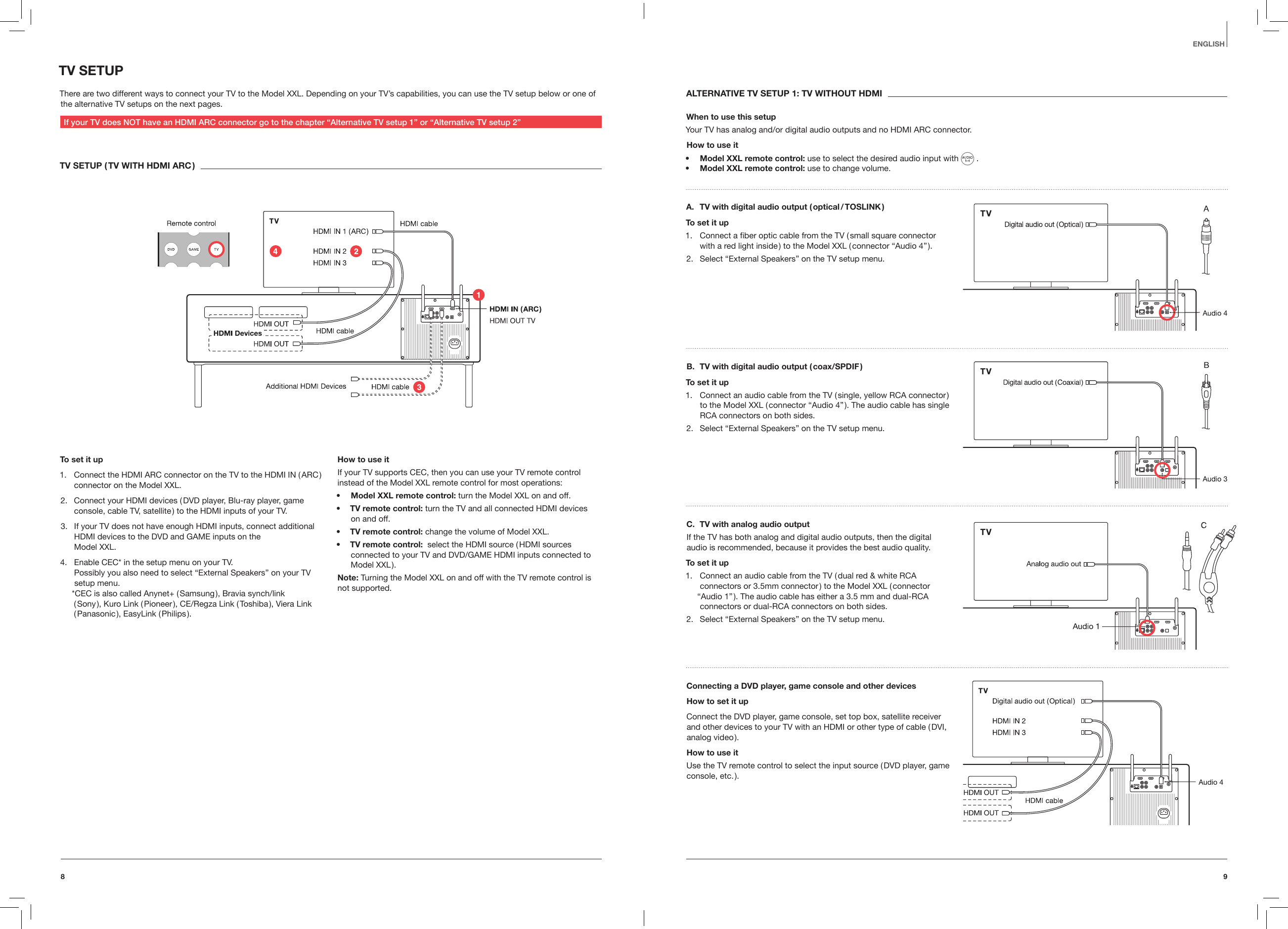 98EnglishTV SETUPThere are two different ways to connect your TV to the Model XXL. Depending on your TV&rsquo;s capabilities, you can use the TV setup below or one of the alternative TV setups on the next pages.If your TV does NOT have an HDMI ARC connector go to the chapter &ldquo;Alternative TV setup 1&rdquo; or &ldquo;Alternative TV setup 2&rdquo;TV SETUP ( TV WITH HDMI ARC )To set it up1.  Connect the HDMI ARC connector on the TV to the HDMI IN ( ARC ) connector on the Model XXL.2.  Connect your HDMI devices ( DVD player, Blu-ray player, game console, cable TV, satellite ) to the HDMI inputs of your TV.3.  If your TV does not have enough HDMI inputs, connect additional HDMI devices to the DVD and GAME inputs on the  Model XXL.4.  Enable CEC* in the setup menu on your TV.  Possibly you also need to select &ldquo;External Speakers&rdquo; on your TV  setup menu. *CEC is also called Anynet+ ( Samsung ), Bravia synch/link ( Sony ), Kuro Link ( Pioneer ), CE/Regza Link ( Toshiba ), Viera Link ( Panasonic ),  EasyLink  ( Philips ).How to use itIf your TV supports CEC, then you can use your TV remote control instead of the Model XXL remote control for most operations:&bull;  Model XXL remote control: turn the Model XXL on and off. &bull;  TV remote control: turn the TV and all connected HDMI devices  on and off.&bull;  TV remote control: change the volume of Model XXL.&bull;  TV remote control:  select the HDMI source ( HDMI sources connected to your TV and DVD/GAME HDMI inputs connected to Model  XXL ).Note: Turning the Model XXL on and off with the TV remote control is  not supported. ALTERNATIVE TV SETUP 1: TV WITHOUT HDMIWhen to use this setupYour TV has analog and/or digital audio outputs and no HDMI ARC connector. How to use it&bull;  Model XXL remote control: use to select the desired audio input with   .&bull;  Model XXL remote control: use to change volume.A.  TV with digital audio output ( optical / TOSLINK )To set it up1.  Connect a ﬁber optic cable from the TV ( small square connector with a red light inside ) to the Model XXL ( connector &ldquo;Audio 4&rdquo; ). 2.  Select &ldquo;External Speakers&rdquo; on the TV setup menu.B.  TV with digital audio output ( coax/SPDIF ) To set it up1.  Connect an audio cable from the TV ( single, yellow RCA connector ) to the Model XXL ( connector &ldquo;Audio 4&rdquo; ). The audio cable has single RCA connectors on both sides.2.  Select &ldquo;External Speakers&rdquo; on the TV setup menu.C.  TV with analog audio outputIf the TV has both analog and digital audio outputs, then the digital audio is recommended, because it provides the best audio quality.To set it up1.  Connect an audio cable from the TV ( dual red &amp; white RCA connectors or 3.5mm connector ) to the Model XXL ( connector &ldquo;Audio 1&rdquo; ). The audio cable has either a 3.5 mm and dual-RCA connectors or dual-RCA connectors on both sides.2.  Select &ldquo;External Speakers&rdquo; on the TV setup menu.Connecting a DVD player, game console and other devicesHow to set it upConnect the DVD player, game console, set top box, satellite receiver and other devices to your TV with an HDMI or other type of cable ( DVI, analog  video ).How to use itUse the TV remote control to select the input source ( DVD player, game console,  etc. ). 