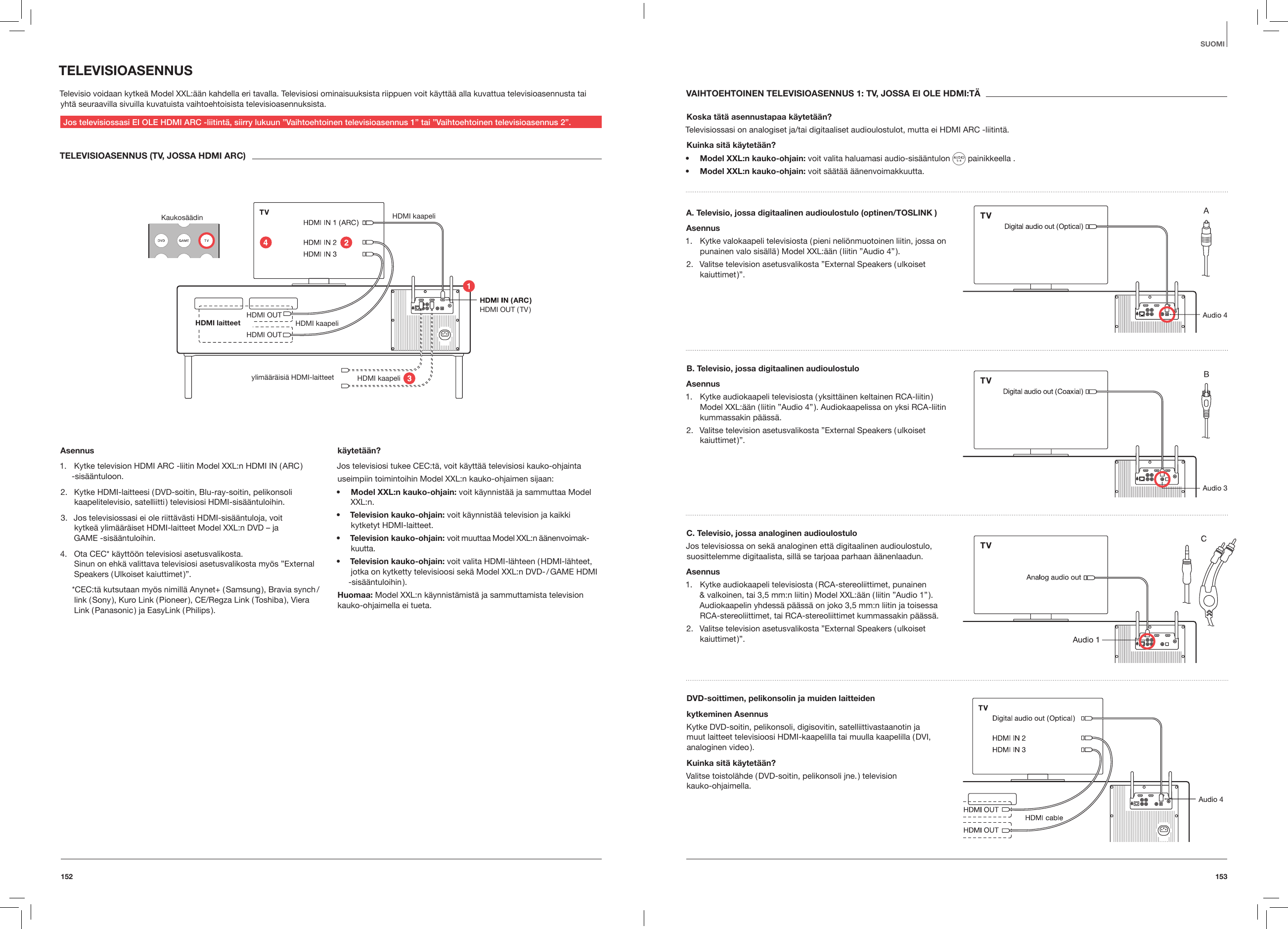153152SUOMITELEVISIOASENNUSTelevisio voidaan kytke&auml; Model XXL:&auml;&auml;n kahdella eri tavalla. Televisiosi ominaisuuksista riippuen voit k&auml;ytt&auml;&auml; alla kuvattua televisioasennusta tai yht&auml; seuraavilla sivuilla kuvatuista vaihtoehtoisista televisioasennuksista.Jos televisiossasi EI OLE HDMI ARC -liitint&auml;, siirry lukuun &rdquo;Vaihtoehtoinen televisioasennus 1&rdquo; tai &rdquo;Vaihtoehtoinen televisioasennus 2&rdquo;.TELEVISIOASENNUS (TV, JOSSA HDMI ARC)Kaukos&auml;&auml;din HDMI kaapeli HDMI kaapeliHDMI kaapeli HDMI OUT HDMI OUT ( TV )HDMI OUTHDMI laitteet ylim&auml;&auml;r&auml;isi&auml; HDMI-laitteetAsennus1.  Kytke television HDMI ARC -liitin Model XXL:n HDMI IN ( ARC ) -sis&auml;&auml;ntuloon.2.  Kytke HDMI-laitteesi ( DVD-soitin, Blu-ray-soitin, pelikonsoli kaapelitelevisio, satelliitti ) televisiosi HDMI-sis&auml;&auml;ntuloihin. 3.  Jos televisiossasi ei ole riitt&auml;v&auml;sti HDMI-sis&auml;&auml;ntuloja, voit  kytke&auml; ylim&auml;&auml;r&auml;iset HDMI-laitteet Model XXL:n DVD &ndash; ja  GAME -sis&auml;&auml;ntuloihin.4.  Ota CEC* k&auml;ytt&ouml;&ouml;n televisiosi asetusvalikosta. Sinun on ehk&auml; valittava televisiosi asetusvalikosta my&ouml;s &rdquo;External Speakers  ( Ulkoiset  kaiuttimet )&rdquo;.*CEC:t&auml; kutsutaan my&ouml;s nimill&auml; Anynet+ ( Samsung ), Bravia synch /link ( Sony ), Kuro Link ( Pioneer ), CE/Regza Link ( Toshiba ), Viera Link ( Panasonic ) ja EasyLink ( Philips ).     k&auml;ytet&auml;&auml;n?Jos televisiosi tukee CEC:t&auml;, voit k&auml;ytt&auml;&auml; televisiosi kauko-ohjaintauseimpiin toimintoihin Model XXL:n kauko-ohjaimen sijaan:&bull;  Model XXL:n kauko-ohjain: voit k&auml;ynnist&auml;&auml; ja sammuttaa Model XXL:n.&bull;  Television kauko-ohjain: voit k&auml;ynnist&auml;&auml; television ja kaikki kytketyt HDMI-laitteet.&bull;  Television kauko-ohjain: voit muuttaa Model XXL:n &auml;&auml;nenvoimak-kuutta.&bull;  Television kauko-ohjain: voit valita HDMI-l&auml;hteen ( HDMI-l&auml;hteet, jotka on kytketty televisioosi sek&auml; Model XXL:n DVD- / GAME HDMI -sis&auml;&auml;ntuloihin ).Huomaa: Model XXL:n k&auml;ynnist&auml;mist&auml; ja sammuttamista television kauko-ohjaimella ei tueta.VAIHTOEHTOINEN TELEVISIOASENNUS 1: TV, JOSSA EI OLE HDMI:T&Auml;Koska t&auml;t&auml; asennustapaa k&auml;ytet&auml;&auml;n?Televisiossasi on analogiset ja/tai digitaaliset audioulostulot, mutta ei HDMI ARC -liitint&auml;.Kuinka sit&auml; k&auml;ytet&auml;&auml;n?&bull;  Model XXL:n kauko-ohjain: voit valita haluamasi audio-sis&auml;&auml;ntulon   painikkeella .&bull;  Model XXL:n kauko-ohjain: voit s&auml;&auml;t&auml;&auml; &auml;&auml;nenvoimakkuutta.A. Televisio, jossa digitaalinen audioulostulo (optinen/TOSLINK )Asennus1.  Kytke valokaapeli televisiosta ( pieni neli&ouml;nmuotoinen liitin, jossa on punainen valo sis&auml;ll&auml; ) Model XXL:&auml;&auml;n ( liitin &rdquo;Audio 4&rdquo; ).2.  Valitse television asetusvalikosta &rdquo;External Speakers ( ulkoiset kaiuttimet )&rdquo;.B. Televisio, jossa digitaalinen audioulostuloAsennus1.  Kytke audiokaapeli televisiosta ( yksitt&auml;inen keltainen RCA-liitin ) Model XXL:&auml;&auml;n ( liitin &rdquo;Audio 4&rdquo; ). Audiokaapelissa on yksi RCA-liitin kummassakin p&auml;&auml;ss&auml;.2.  Valitse television asetusvalikosta &rdquo;External Speakers ( ulkoiset kaiuttimet )&rdquo;.C. Televisio, jossa analoginen audioulostuloJos televisiossa on sek&auml; analoginen ett&auml; digitaalinen audioulostulo, suosittelemme digitaalista, sill&auml; se tarjoaa parhaan &auml;&auml;nenlaadun.Asennus1.  Kytke audiokaapeli televisiosta ( RCA-stereoliittimet, punainen &amp; valkoinen, tai 3,5 mm:n liitin ) Model XXL:&auml;&auml;n ( liitin &rdquo;Audio 1&rdquo; ). Audiokaapelin yhdess&auml; p&auml;&auml;ss&auml; on joko 3,5 mm:n liitin ja toisessa RCA-stereoliittimet, tai RCA-stereoliittimet kummassakin p&auml;&auml;ss&auml;.2.  Valitse television asetusvalikosta &rdquo;External Speakers ( ulkoiset kaiuttimet )&rdquo;.DVD-soittimen, pelikonsolin ja muiden laitteiden kytkeminen AsennusKytke DVD-soitin, pelikonsoli, digisovitin, satelliittivastaanotin ja muut laitteet televisioosi HDMI-kaapelilla tai muulla kaapelilla ( DVI, analoginen  video ).Kuinka sit&auml; k&auml;ytet&auml;&auml;n?Valitse toistol&auml;hde ( DVD-soitin, pelikonsoli jne. ) television  kauko-ohjaimella. 