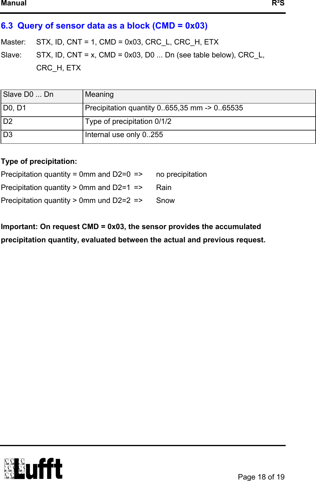 Manual   R²S 6.3  Query of sensor data as a block (CMD = 0x03) Master:  STX, ID, CNT = 1, CMD = 0x03, CRC_L, CRC_H, ETX Slave:  STX, ID, CNT = x, CMD = 0x03, D0 ... Dn (see table below), CRC_L, CRC_H, ETX  Slave D0 ... Dn  Meaning D0, D1  Precipitation quantity 0..655,35 mm -&gt; 0..65535 D2  Type of precipitation 0/1/2 D3  Internal use only 0..255  Type of precipitation: Precipitation quantity = 0mm and D2=0  =&gt;  no precipitation Precipitation quantity &gt; 0mm and D2=1  =&gt;  Rain Precipitation quantity &gt; 0mm und D2=2  =&gt;  Snow  Important: On request CMD = 0x03, the sensor provides the accumulated precipitation quantity, evaluated between the actual and previous request.       Page 18 of 19  