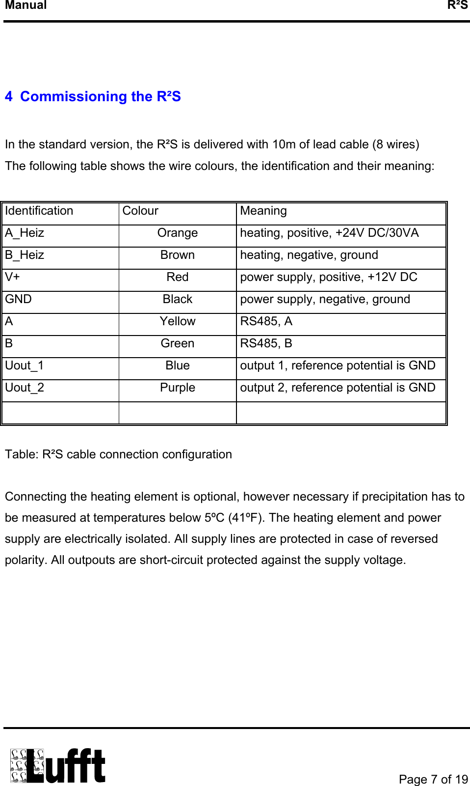 Manual   R²S   4  Commissioning the R²S  In the standard version, the R²S is delivered with 10m of lead cable (8 wires) The following table shows the wire colours, the identification and their meaning:   Identification Colour  Meaning A_Heiz  Orange  heating, positive, +24V DC/30VA B_Heiz  Brown  heating, negative, ground V+  Red  power supply, positive, +12V DC GND  Black  power supply, negative, ground A Yellow RS485, A B Green RS485, B Uout_1  Blue  output 1, reference potential is GND Uout_2  Purple  output 2, reference potential is GND     Table: R²S cable connection configuration  Connecting the heating element is optional, however necessary if precipitation has to be measured at temperatures below 5ºC (41ºF). The heating element and power supply are electrically isolated. All supply lines are protected in case of reversed polarity. All outpouts are short-circuit protected against the supply voltage.       Page 7 of 19  