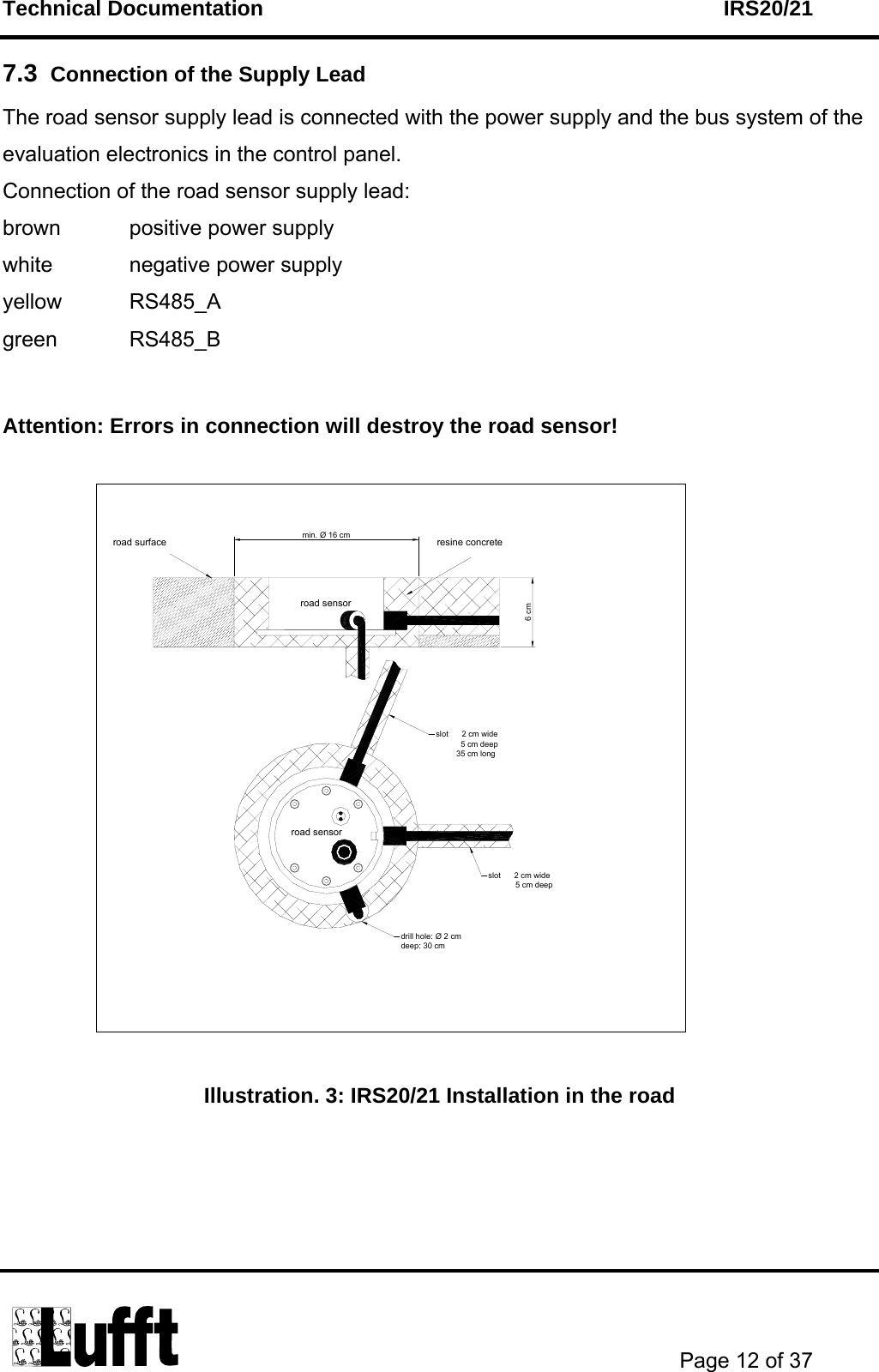 Technical Documentation    IRS20/21       Page 12 of 37  7.3  Connection of the Supply Lead The road sensor supply lead is connected with the power supply and the bus system of the evaluation electronics in the control panel. Connection of the road sensor supply lead: brown   positive power supply white    negative power supply yellow   RS485_A  green   RS485_B    Attention: Errors in connection will destroy the road sensor!                                        Illustration. 3: IRS20/21 Installation in the road   road sensormin. Ø 16 cm6 cmresine concreteroad surfaceroad sensordrill hole: Ø 2 cmdeep: 30 cmslot      2 cm wide           5 cm deep         35 cm longslot      2 cm wide            5 cm deep 