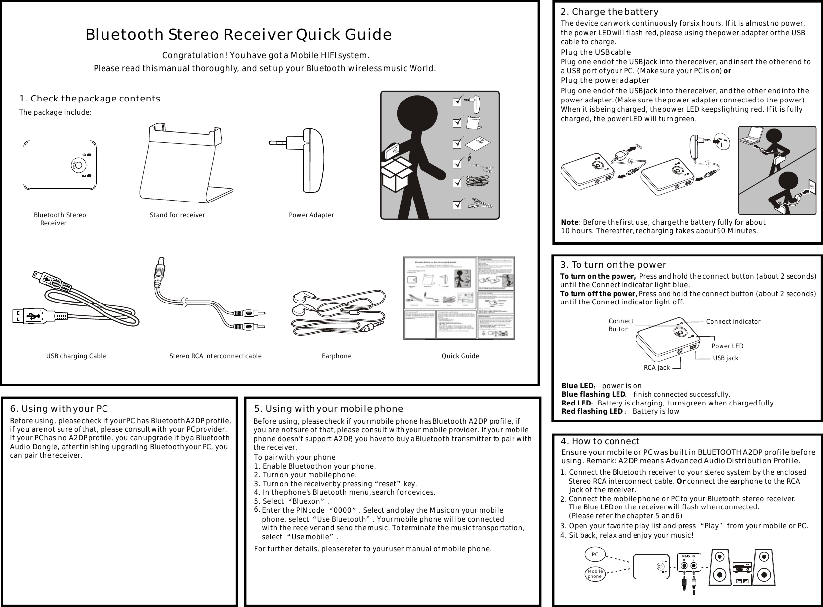 Mobile phone  PCCongratulation! You have got a Mobile HIFI system.Please read this manual thoroughly, and set up your Bluetooth wireless music World.1. Check the package contentsThe package include:                       USB charging Cable                     Power Adapter                        Quick GuideBluetooth Stereo     Receiver                     Stereo RCA interconnect cable Power LEDConnect indicatorConnect ButtonRCA jack USB jackBluetooth Stereo Receiver Quick Guide  To pair with your phone1. Enable Bluetooth on your phone.2. Turn on your mobile phone.3. Turn on the receiver by pressing reset key.4. In the phone's Bluetooth menu, search for devices. 5. Select  Bluexon .6. 5. Using with your mobile phone6. Using with your PC4. How to connect2. Charge the batteryPlug the USB cable Plug the power adapter 3. To turn on the powerTo turn on the power,  Press and hold the connect button (about 2 seconds)until the Connect indicator light blue. To turn off the power, Press and hold the connect button (about 2 seconds) until the Connect indicator light off.Blue LED  power is on Blue flashing LED  finish connected successfully.Red LED Battery is charging, turns green when charged fully.Red flashing LED   Battery is low  2. 1. Connect the Bluetooth receiver to your stereo system by the enclosed      Stereo RCA interconnect cable. Or connect the earphone to the RCA     jack of the receiver.4. Sit back, relax and enjoy your music!Ensure your mobile or PC was built in BLUETOOTH A2DP profile before using. Remark: A2DP means Advanced Audio Distribution Profile.The device can work continuously for six hours. If it is almost no power, the power LED will flash red, please using the power adapter or the USB cable to charge.Plug one end of the USB jack into the receiver, and insert the other end to a USB port of your PC. (Make sure your PC is on) orPlug one end of the USB jack into the receiver, and the other end into the power adapter. (Make sure the power adapter connected to the power)When it is being charged, the power LED keeps lighting red. If it is fully charged, the power LED will turn green.Note: Before the first use, charge the battery fully for about 10 hours. Thereafter, recharging takes about 90 Minutes.3. Open your favorite play list and press  Play  from your mobile or PC.Before using, please check if your mobile phone has Bluetooth A2DP profile, if you are not sure of that, please consult with your mobile provider. If your mobilephone doesn't support A2DP, you have to buy a Bluetooth transmitter to pair withthe receiver.Enter the PIN code  0000 . Select and play the Music on your mobile phone, select  Use Bluetooth . Your mobile phone will be connected with the receiver and send the music. To terminate the music transportation, select Use mobile .For further details, please refer to your user manual of mobile phone.Before using, please check if your PC has Bluetooth A2DP profile,if you are not sure of that, please consult with your PC provider.If your PC has no A2DP profile, you can upgrade it by a Bluetooth Audio Dongle, after finishing upgrading Bluetooth your PC, you can pair the receiver.Connect the mobile phone or PC to your Bluetooth stereo receiver. The Blue LED on the receiver will flash when connected.(Please refer the chapter 5 and 6)                     Earphone                  Stand for receiver