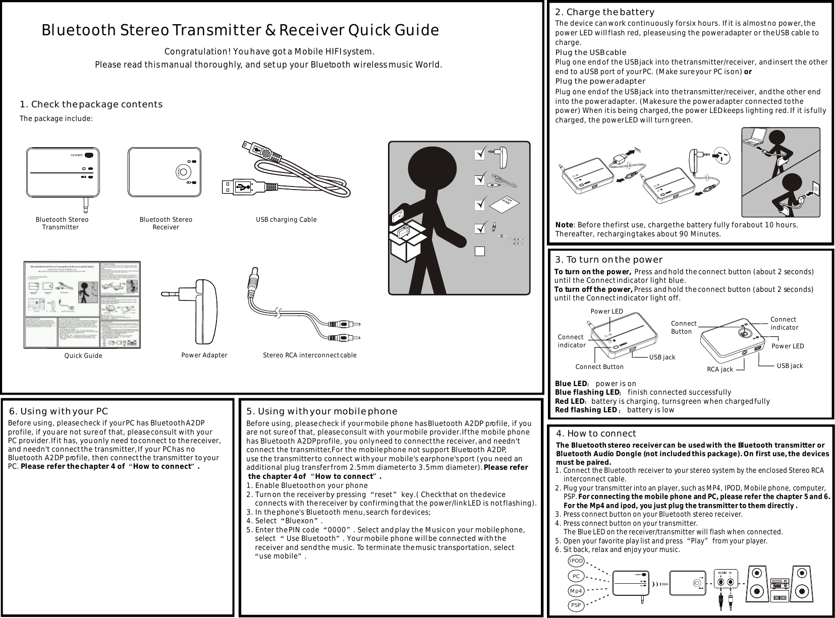   PCMp4PSPBluetooth Stereo Transmitter &amp; Receiver Quick Guide Congratulation! You have got a Mobile HIFI system.Please read this manual thoroughly, and set up your Bluetooth wireless music World.1. Check the package contentsThe package include:                       USB charging Cable                     Power Adapter                        Quick GuideBluetooth Stereo     Transmitter                     Stereo RCA interconnect cable4. How to connectPower LEDConnect indicatorConnect ButtonRCA jack USB jack3. To turn on the powerPower LEDConnect indicatorConnect Button USB jackIPOD5. Using with your mobile phoneBluetooth Stereo         Receiver    Blue LED  power is on Blue flashing LED  finish connected successfullyRed LED battery is charging, turns green when charged fullyRed flashing LED   battery is low6. Using with your PC2. Charge the batteryPlug the USB cable Plug the power adapter The device can work continuously for six hours. If it is almost no power, the power LED will flash red, please using the power adapter or the USB cable to charge.Plug one end of the USB jack into the transmitter/receiver, and insert the other end to a USB port of your PC. (Make sure your PC is on) orPlug one end of the USB jack into the transmitter/receiver, and the other endinto the power adapter. (Make sure the power adapter connected to the power) When it is being charged, the power LED keeps lighting red. If it is fullycharged, the power LED will turn green.Note: Before the first use, charge the battery fully for about 10 hours. Thereafter, recharging takes about 90 Minutes.To turn on the power,  Press and hold the connect button (about 2 seconds)until the Connect indicator light blue. To turn off the power, Press and hold the connect button (about 2 seconds) until the Connect indicator light off.The Bluetooth stereo receiver can be used with the Bluetooth transmitter or Bluetooth Audio Dongle (not included this package). On first use, the devices must be paired.1. Connect the Bluetooth receiver to your stereo system by the enclosed Stereo RCA      interconnect cable.2. Plug your transmitter into an player, such as MP4, IPOD, Mobile phone, computer,       PSP. For connecting the mobile phone and PC, please refer the chapter 5 and 6.      For the Mp4 and ipod, you just plug the transmitter to them directly .3. Press connect button on your Bluetooth stereo receiver.4. Press connect button on your transmitter.     The Blue LED on the receiver/transmitter will flash when connected.5. Open your favorite play list and press  Play  from your player.6. Sit back, relax and enjoy your music.Before using, please check if your mobile phone has Bluetooth A2DP profile, if you are not sure of that, please consult with your mobile provider.If the mobile phone has Bluetooth A2DP profile, you only need to connect the receiver, and needn'tconnect the transmitter,For the mobile phone not support Bluetooth A2DP, use the transmitter to connect with your mobile's earphone's port (you need an additional plug transfer from 2.5mm diameter to 3.5mm diameter). Please refer the chapter 4 of  How to connect .1. Enable Bluetooth on your phone2. Turn on the receiver by pressing  reset  key.( Check that on the device      connects with the receiver by confirming that the power/link LED is not flashing).3. In the phone's Bluetooth menu, search for devices;4. Select  Bluexon .5. Enter the PIN code  0000 . Select and play the Music on your mobile phone,      select   Use Bluetooth . Your mobile phone will be connected with the      receiver and send the music. To terminate the music transportation, select     use mobile .Before using, please check if your PC has Bluetooth A2DP profile, if you are not sure of that, please consult with your PC provider.If it has, you only need to connect to the receiver, and needn't connect the transmitter, If your PC has no Bluetooth A2DP profile, then connect the transmitter to your PC. Please refer the chapter 4 of  How to connect .