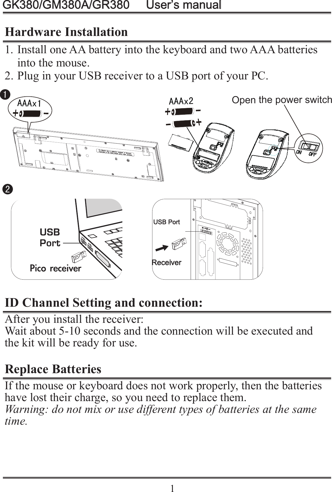    1Hardware Installation 1. Install one AA battery into the keyboard and two AAA batteries into the mouse. 2. Plug in your USB receiver to a USB port of your PC.    ID Channel Setting and connection: After you install the receiver: Wait about 5-10 seconds and the connection will be executed and the kit will be ready for use.  Replace Batteries If the mouse or keyboard does not work properly, then the batteries have lost their charge, so you need to replace them. Warning: do not mix or use different types of batteries at the same time.  GK380/GM380A/GR380     User&rsquo;s manualAAAx2Open the power switchAAAx112USB PortReceiver