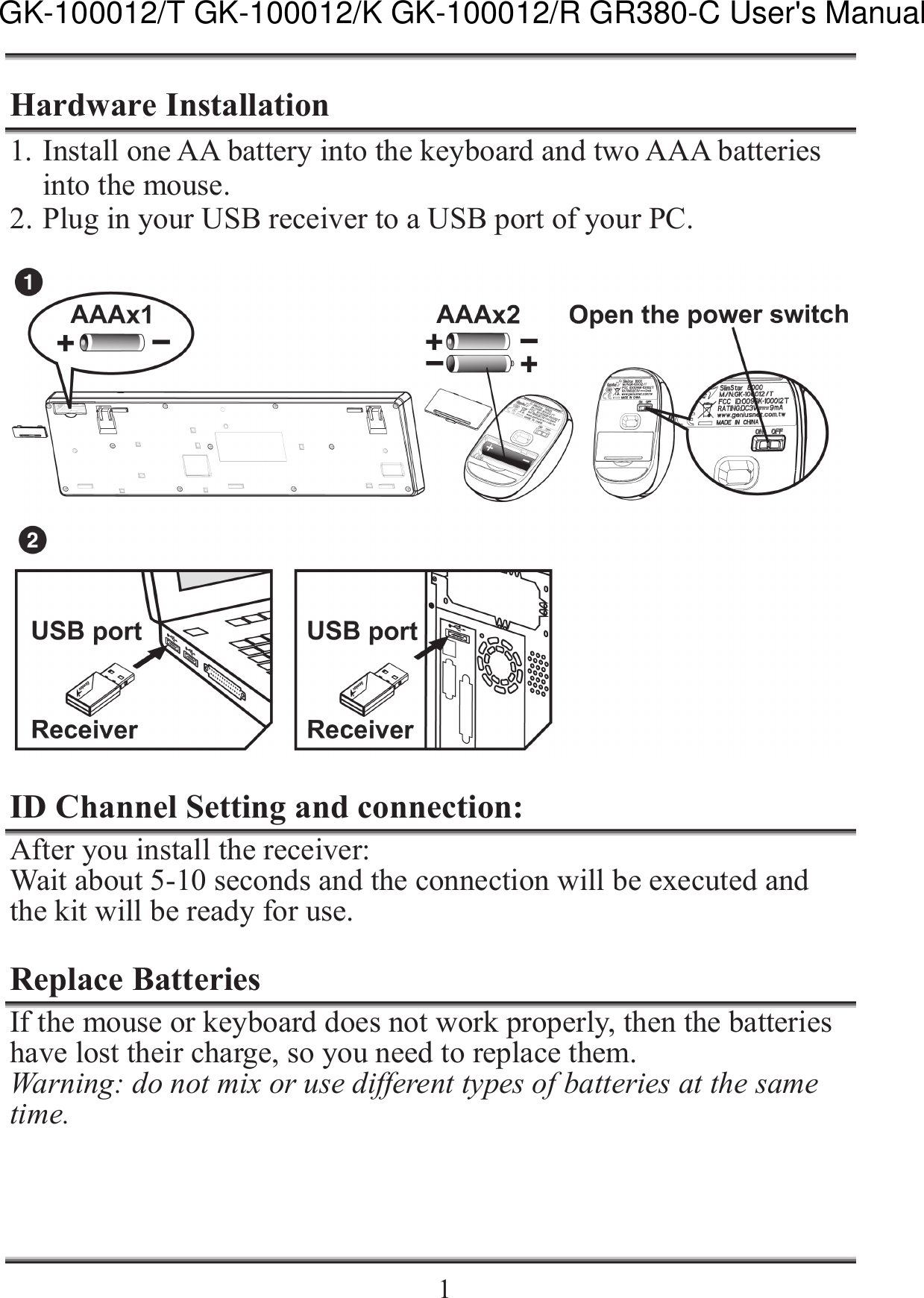    1Hardware Installation 1. Install one AA battery into the keyboard and two AAA batteries into the mouse. 2. Plug in your USB receiver to a USB port of your PC.    ID Channel Setting and connection: After you install the receiver: Wait about 5-10 seconds and the connection will be executed and the kit will be ready for use.  Replace Batteries If the mouse or keyboard does not work properly, then the batteries have lost their charge, so you need to replace them. Warning: do not mix or use different types of batteries at the same time.  GK-100012/T GK-100012/K GK-100012/R GR380-C User's Manual                                                                                           