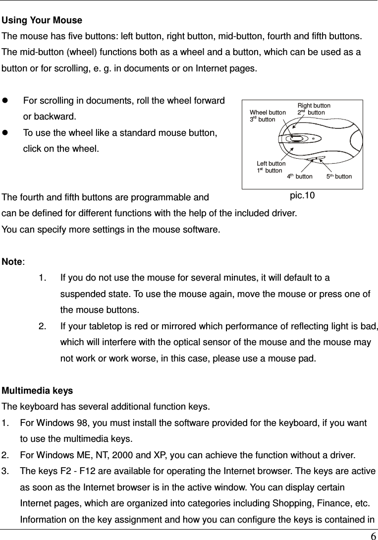  6  Using Your Mouse The mouse has five buttons: left button, right button, mid-button, fourth and fifth buttons. The mid-button (wheel) functions both as a wheel and a button, which can be used as a button or for scrolling, e. g. in documents or on Internet pages.      For scrolling in documents, roll the wheel forward or backward.   To use the wheel like a standard mouse button, click on the wheel.                                                  The fourth and fifth buttons are programmable and can be defined for different functions with the help of the included driver.   You can specify more settings in the mouse software.  Note:   1.  If you do not use the mouse for several minutes, it will default to a suspended state. To use the mouse again, move the mouse or press one of the mouse buttons. 2.  If your tabletop is red or mirrored which performance of reflecting light is bad, which will interfere with the optical sensor of the mouse and the mouse may not work or work worse, in this case, please use a mouse pad.  Multimedia keys The keyboard has several additional function keys. 1.  For Windows 98, you must install the software provided for the keyboard, if you want to use the multimedia keys. 2.  For Windows ME, NT, 2000 and XP, you can achieve the function without a driver. 3.  The keys F2 - F12 are available for operating the Internet browser. The keys are active as soon as the Internet browser is in the active window. You can display certain Internet pages, which are organized into categories including Shopping, Finance, etc. Information on the key assignment and how you can configure the keys is contained in Right button2    buttonWheel button3   buttonLeft button1   button4   button5   buttonrdnd  st pic.10 