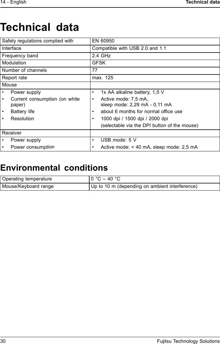 14 - English Technical dataTechnical dataSafety regulations complied with EN 60950Interface Compatible with USB 2.0 and 1.1Frequency band 2.4 GHzModulation GFSKNumber of channels 77Report rate max. 125Mouse&bull; Power supply&bull; Current consumption (on whitepaper)&bull;Batterylife&bull; Resolution&bull; 1x AA alkaline battery, 1,5 V&bull; Active mode: 7,5 mA,sleep mode: 2,29 mA - 0,11 mA&bull; about 6 months for normal ofﬁce use&bull; 1000 dpi / 1500 dpi / 2000 dpi(selectable via the DPI button of the mouse)Receiver&bull; Power supply&bull; Power consumption&bull; USB mode: 5 V&bull; Active mode: < 40 mA, sleep mode: 2,5 mAEnvironmental conditionsOperating temperature 0 &deg;C &ndash; 40 &deg;CMouse/Keyboard range Up to 10 m (depending on ambient interference)30 Fujitsu Technology Solutions