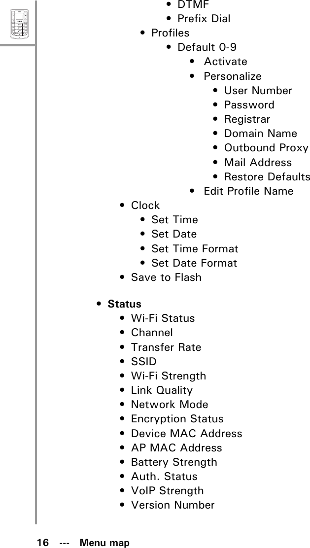 16   ---   Menu mapMenuSelectABCDEFJKLGHIPQRSMNOWXYZTUV•DTMF•Prefix Dial• Profiles • Default 0-9•Activate• Personalize•User Number• Password• Registrar•Domain Name• Outbound Proxy• Mail Address• Restore Defaults• Edit Profile Name•Clock•Set Time•Set Date• Set Time Format• Set Date Format• Save to Flash•Status•Wi-Fi Status• Channel• Transfer Rate• SSID• Wi-Fi Strength• Link Quality•Network Mode• Encryption Status• Device MAC Address•AP MAC Address• Battery Strength• Auth. Status•VoIP Strength• Version Number