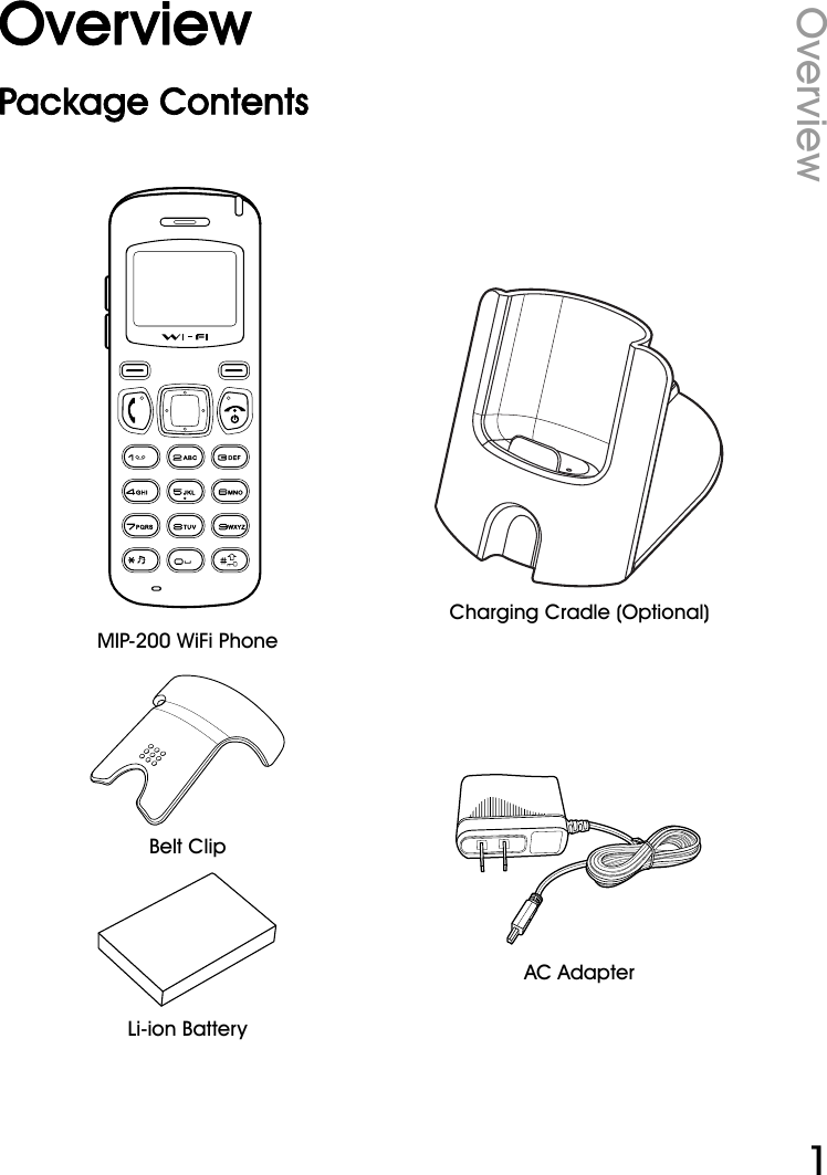 WiFi Phone User ManualOverview1OverviewPackage ContentsMIP-200 WiFi PhoneCharging Cradle (Optional)Belt ClipAC AdapterLi-ion Battery