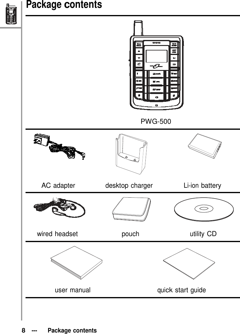    Package contents       PWG-500       AC adapter desktop charger Li-ion battery     wired headset pouch utility CD         user manual quick start guide      8 ---   Package contents 