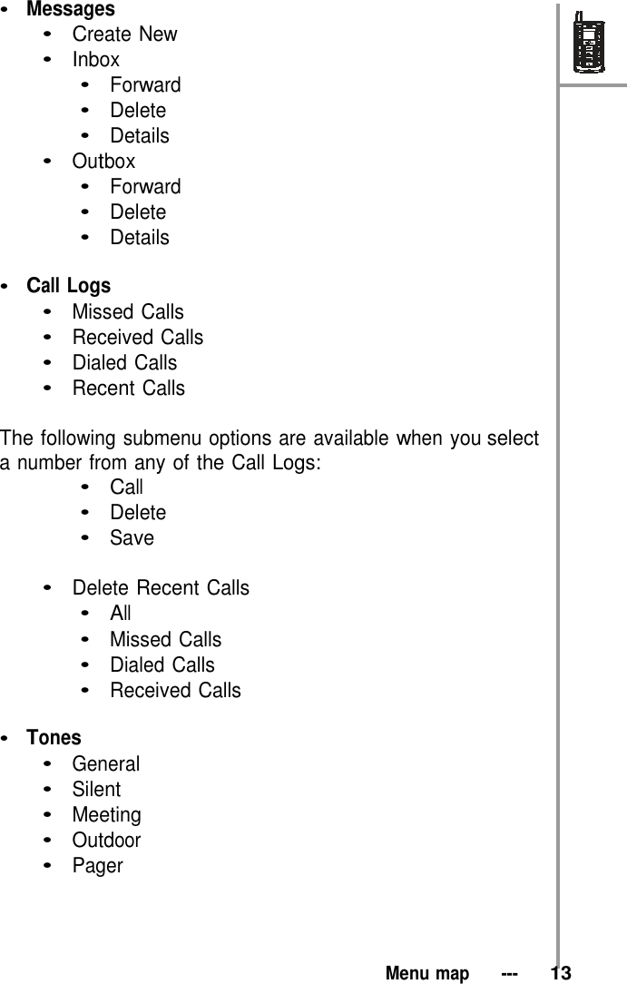 •  Messages   •  Create New •  Inbox •  Forward   •  Delete •  Details •  Outbox   •  Forward   •  Delete •  Details  •  Call Logs •  Missed Calls •  Received Calls •  Dialed Calls •  Recent Calls  The following submenu options are available when you select a number from any of the Call Logs: •  Call   •  Delete •  Save    •  Delete Recent Calls •  All   •  Missed Calls •  Dialed Calls •  Received Calls  •  Tones   •  General •  Silent •  Meeting •  Outdoor •  Pager      Menu map   ---   13 
