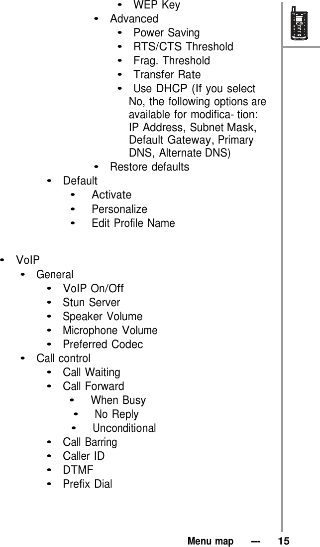                          •  VoIP   •  WEP Key   •  Advanced   •  Power Saving •  RTS/CTS Threshold •  Frag. Threshold •  Transfer Rate   •  Use DHCP (If you select No, the following options are available for modifica- tion: IP Address, Subnet Mask, Default Gateway, Primary DNS, Alternate DNS) •  Restore defaults •  Default   •   Activate    •   Personalize •   Edit Profile Name •  General •  VoIP On/Off   •  Stun Server   •  Speaker Volume •  Microphone Volume •  Preferred Codec •  Call control •  Call Waiting •  Call Forward •   When Busy •   No Reply    •   Unconditional •  Call Barring •  Caller ID •  DTMF   •  Prefix Dial       Menu map   ---   15 