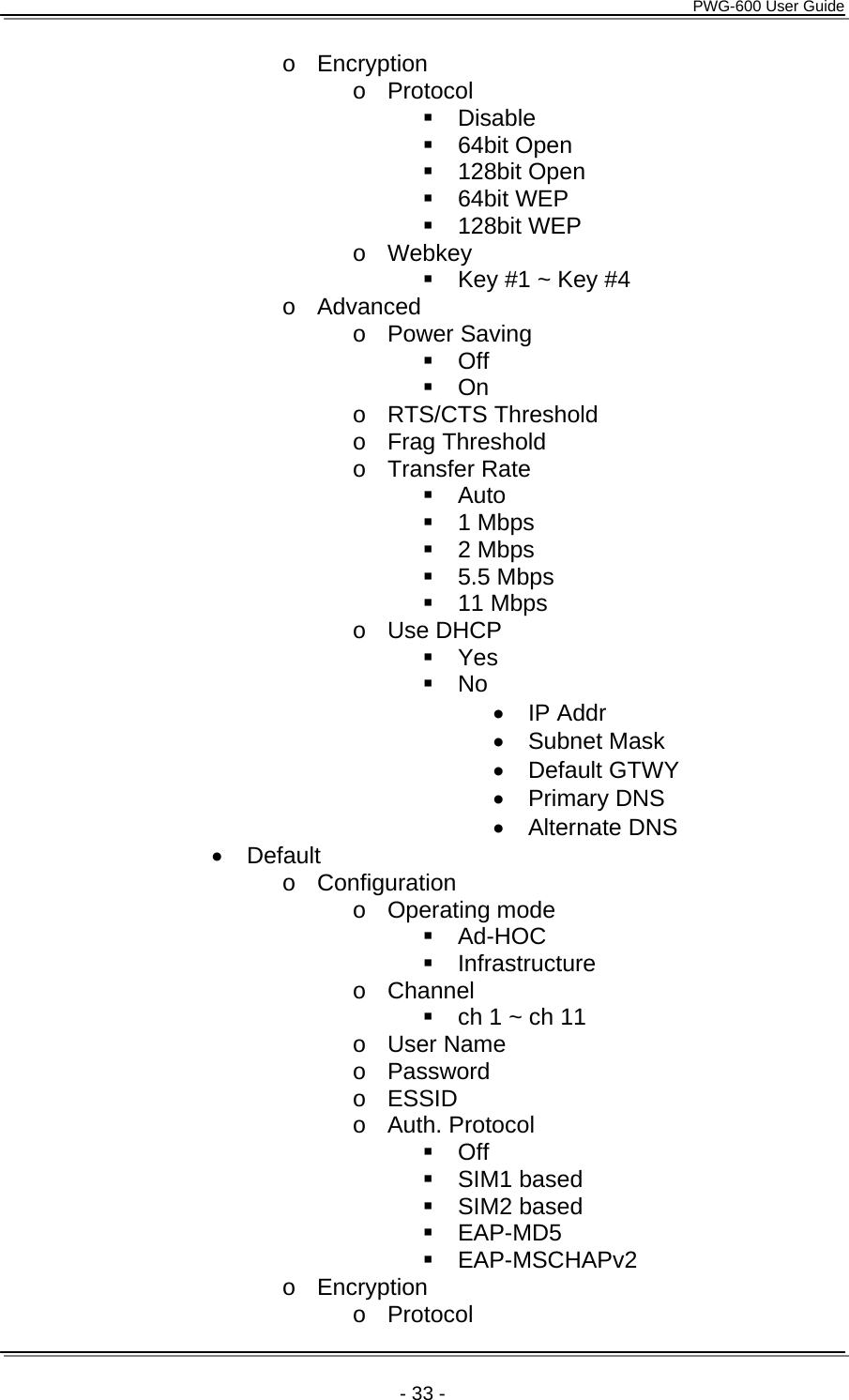      PWG-600 User Guide    - 33 - o Encryption o Protocol  Disable  64bit Open  128bit Open  64bit WEP  128bit WEP o Webkey   Key #1 ~ Key #4 o Advanced o Power Saving  Off  On o RTS/CTS Threshold o Frag Threshold o Transfer Rate  Auto  1 Mbps  2 Mbps  5.5 Mbps  11 Mbps o Use DHCP  Yes  No &bull; IP Addr &bull; Subnet Mask &bull; Default GTWY &bull; Primary DNS &bull; Alternate DNS &bull; Default o Configuration o Operating mode  Ad-HOC  Infrastructure o Channel  ch 1 ~ ch 11 o User Name o Password o ESSID o Auth. Protocol  Off  SIM1 based  SIM2 based  EAP-MD5  EAP-MSCHAPv2 o Encryption o Protocol 