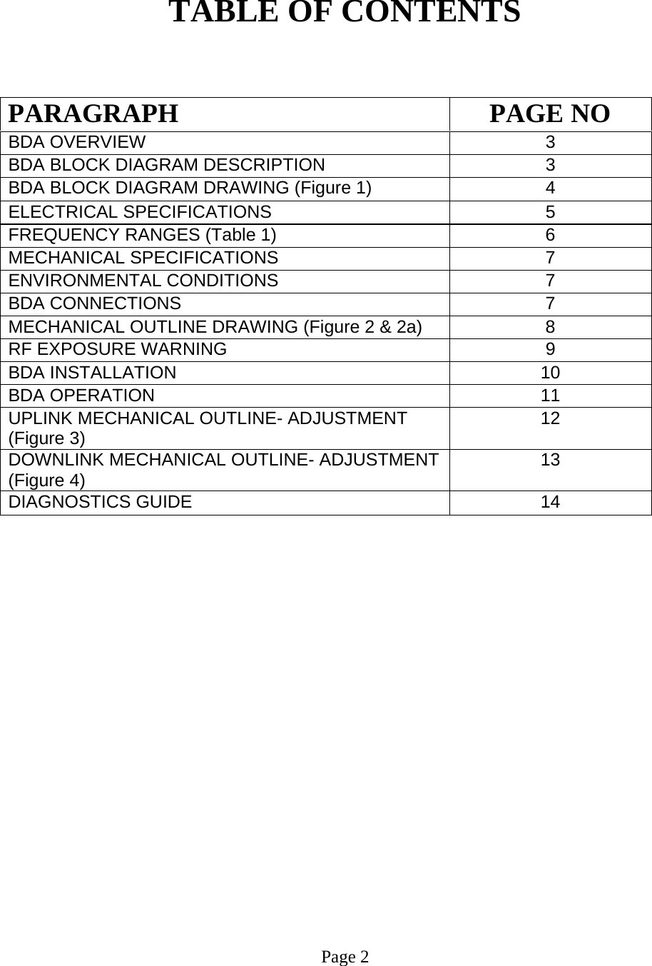     TABLE OF CONTENTS   PARAGRAPH PAGE NO BDA OVERVIEW   3 BDA BLOCK DIAGRAM DESCRIPTION 3 BDA BLOCK DIAGRAM DRAWING (Figure 1)  4 ELECTRICAL SPECIFICATIONS   5  FREQUENCY RANGES (Table 1)  6 MECHANICAL SPECIFICATIONS   7  ENVIRONMENTAL CONDITIONS   7  BDA CONNECTIONS    7  MECHANICAL OUTLINE DRAWING (Figure 2 &amp; 2a)  8  RF EXPOSURE WARNING   9  BDA INSTALLATION  10  BDA OPERATION 11  UPLINK MECHANICAL OUTLINE- ADJUSTMENT (Figure 3)  12  DOWNLINK MECHANICAL OUTLINE- ADJUSTMENT (Figure 4)  13 DIAGNOSTICS GUIDE  14                       Page 2 