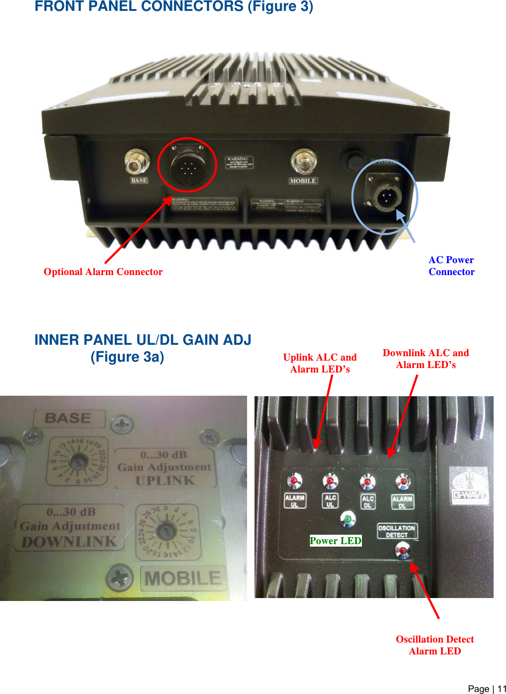 FRONT PANEL CONNECTORS (Figure 3)                                                                                                                                                                AC Power ConnectorOptional Alarm Connector      INNER PANEL UL/DL GAIN ADJ               (Figure 3a)               Downlink ALC and Alarm LED’sUplink ALC and Alarm LED’sPower LEDOscillation Detect Alarm LEDPage | 11   