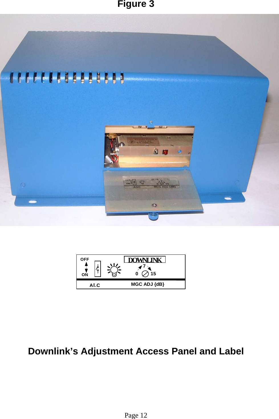 Figure 3            Downlink’s Adjustment Access Panel and Label        Page 12 A LC0715MGC ADJ {dB}DOWNLINKO F F O N 