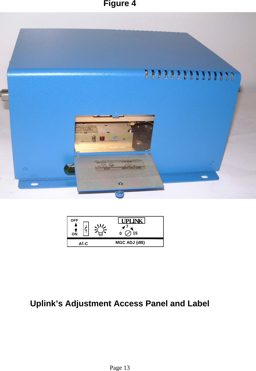 Figure 4           Uplink’s Adjustment Access Panel and Label         Page 13 A LC0715MGC ADJ {dB}UPLINKO F F O N 