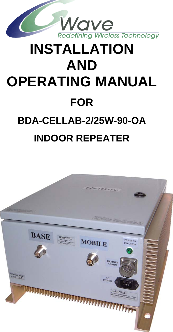  INSTALLATION AND OPERATING MANUAL  FOR  BDA-CELLAB-2/25W-90-OA  INDOOR REPEATER      
