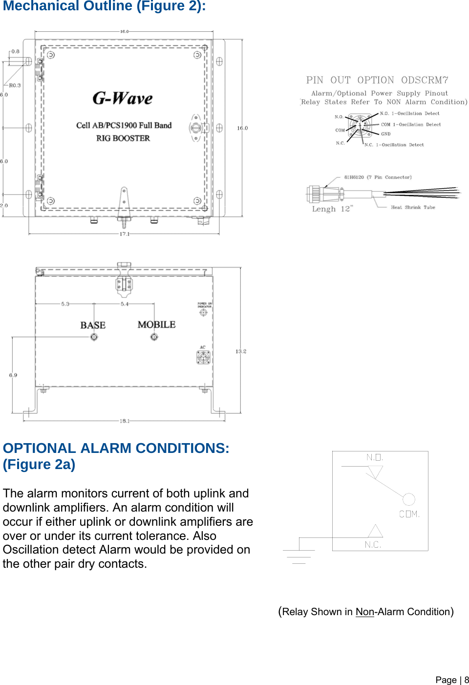 Mechanical Outline (Figure 2):                                                                                    OPTIONAL ALARM CONDITIONS: (Figure 2a)   The alarm monitors current of both uplink and downlink amplifiers. An alarm condition will occur if either uplink or downlink amplifiers are over or under its current tolerance. Also Oscillation detect Alarm would be provided on the other pair dry contacts.                                                                                                                      (Relay Shown in Non-Alarm Condition)Page | 8   