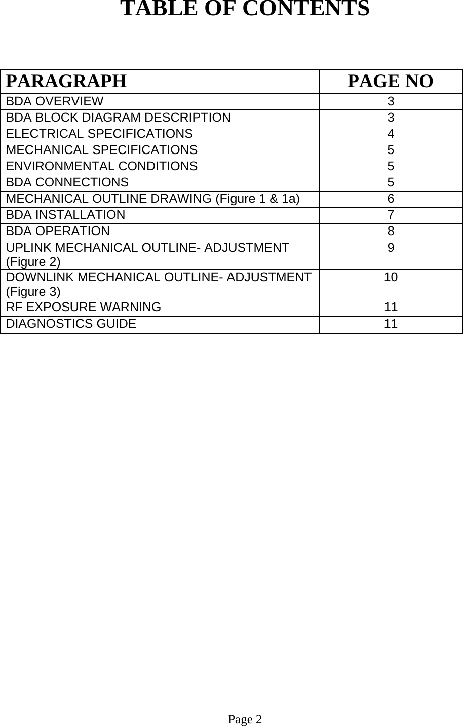 TABLE OF CONTENTS   PARAGRAPH PAGE NO BDA OVERVIEW   3 BDA BLOCK DIAGRAM DESCRIPTION 3 ELECTRICAL SPECIFICATIONS   4 MECHANICAL SPECIFICATIONS   5  ENVIRONMENTAL CONDITIONS   5  BDA CONNECTIONS    5  MECHANICAL OUTLINE DRAWING (Figure 1 &amp; 1a)  6  BDA INSTALLATION  7 BDA OPERATION 8  UPLINK MECHANICAL OUTLINE- ADJUSTMENT (Figure 2)  9  DOWNLINK MECHANICAL OUTLINE- ADJUSTMENT (Figure 3)  10 RF EXPOSURE WARNING   11 DIAGNOSTICS GUIDE  11                            Page 2  