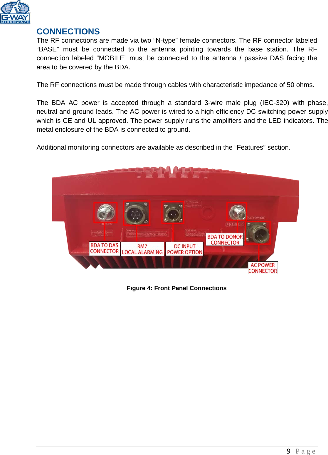   9 | Page  CONNECTIONS The RF connections are made via two “N-type” female connectors. The RF connector labeled “BASE” must be connected to the antenna pointing towards the base station. The RF connection labeled “MOBILE” must be connected to the antenna / passive DAS facing the area to be covered by the BDA.  The RF connections must be made through cables with characteristic impedance of 50 ohms.  The BDA AC power is accepted through a standard 3-wire male plug (IEC-320) with phase, neutral and ground leads. The AC power is wired to a high efficiency DC switching power supply which is CE and UL approved. The power supply runs the amplifiers and the LED indicators. The metal enclosure of the BDA is connected to ground.  Additional monitoring connectors are available as described in the “Features” section.                Figure 4: Front Panel Connections                 
