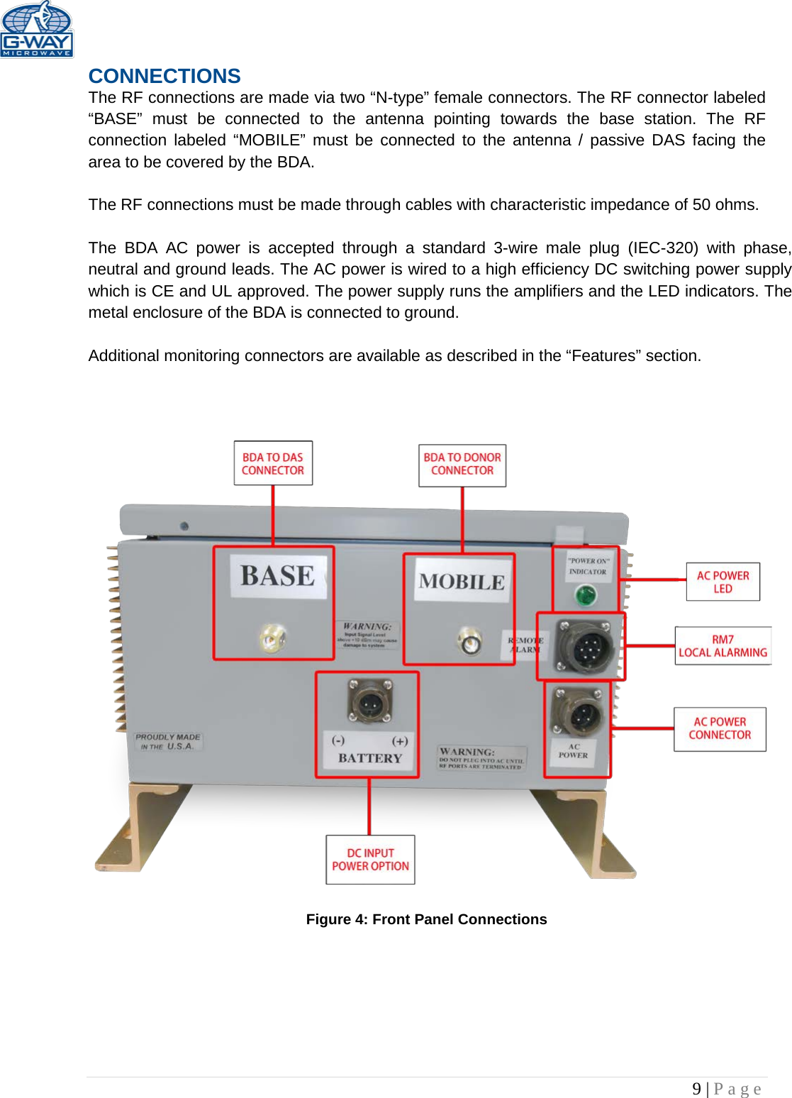   9 | Page  CONNECTIONS The RF connections are made via two “N-type” female connectors. The RF connector labeled “BASE” must be connected to the antenna pointing towards the base station. The RF connection labeled “MOBILE” must be connected to the antenna / passive DAS facing the area to be covered by the BDA.  The RF connections must be made through cables with characteristic impedance of 50 ohms.  The BDA AC power is accepted through a standard 3-wire male plug (IEC-320) with phase, neutral and ground leads. The AC power is wired to a high efficiency DC switching power supply which is CE and UL approved. The power supply runs the amplifiers and the LED indicators. The metal enclosure of the BDA is connected to ground.  Additional monitoring connectors are available as described in the “Features” section.                Figure 4: Front Panel Connections        