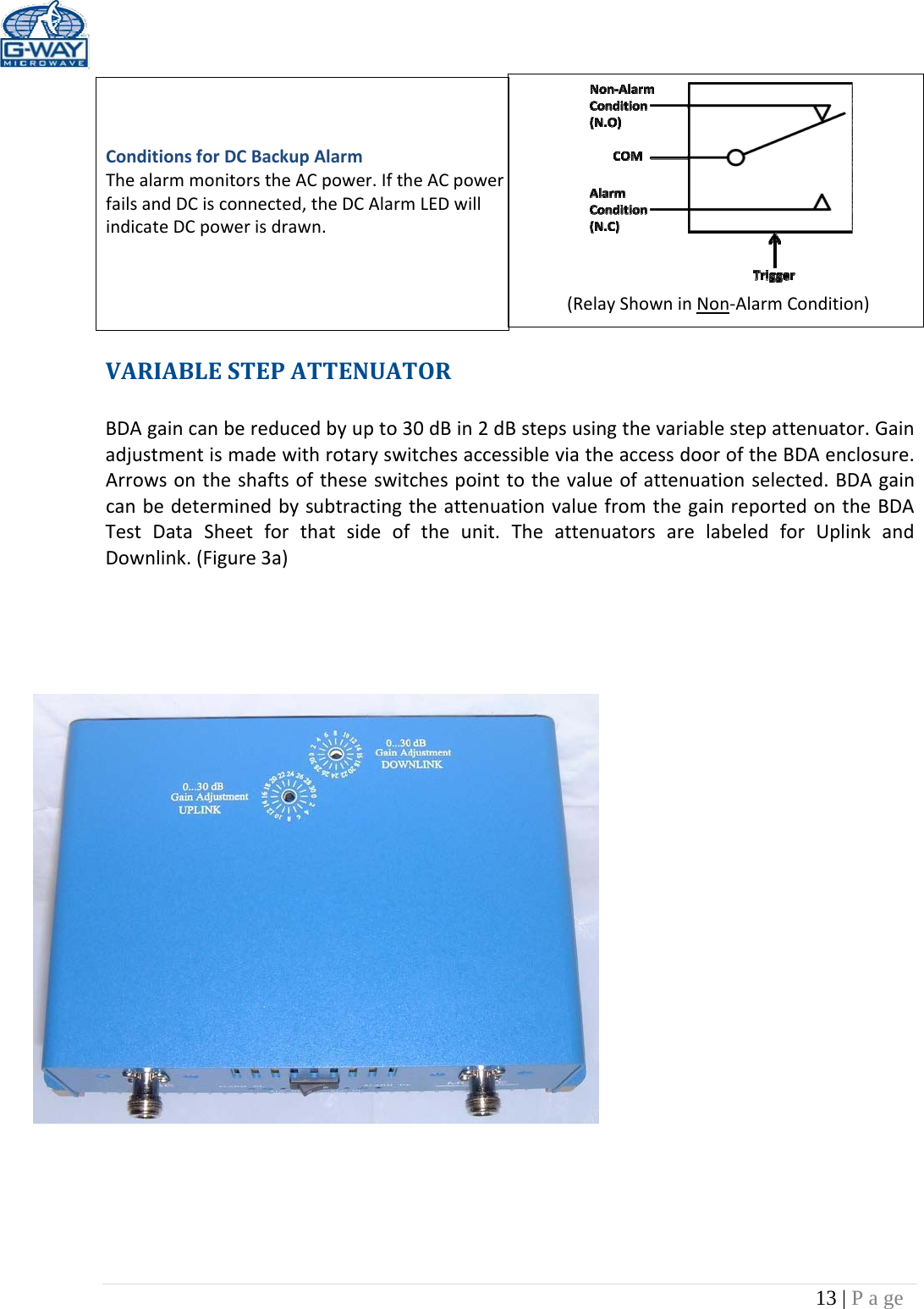 13 | P a ge (RelayShowninNon‐AlarmCondition) VARIABLESTEPATTENUATORBDAgaincanbereducedbyupto30dBin2dBstepsusingthevariablestepattenuator.GainadjustmentismadewithrotaryswitchesaccessibleviatheaccessdooroftheBDAenclosure.Arrowsontheshaftsoftheseswitchespointtothevalueofattenuationselected.BDAgaincanbedeterminedbysubtractingtheattenuationvaluefromthegainreportedontheBDATestDataSheetforthatsideoftheunit.TheattenuatorsarelabeledforUplinkandDownlink.(Figure3a)   ConditionsforDCBackupAlarmThealarmmonitorstheACpower.IftheACpowerfailsandDCisconnected,theDCAlarmLEDwillindicateDCpowerisdrawn.