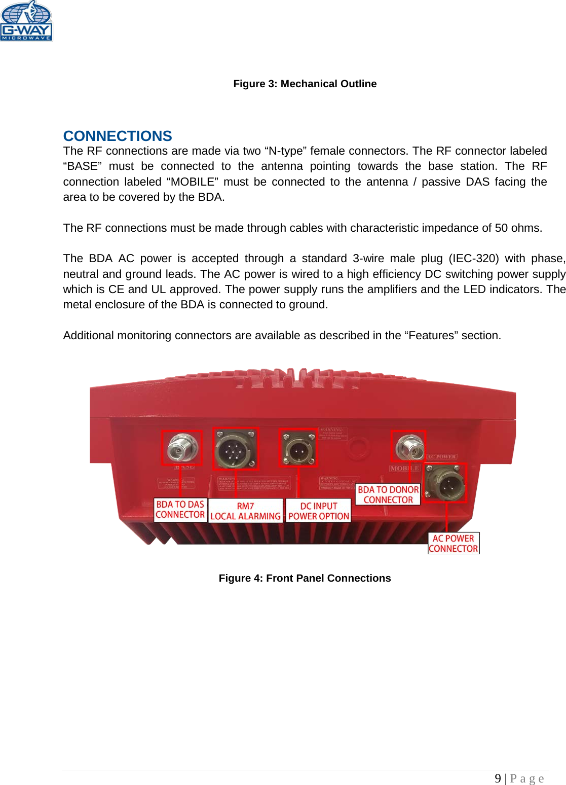   9 | Page                                                 Figure 3: Mechanical Outline  CONNECTIONS The RF connections are made via two “N-type” female connectors. The RF connector labeled “BASE” must be connected to the antenna pointing towards the base station. The RF connection labeled “MOBILE” must be connected to the antenna / passive DAS facing the area to be covered by the BDA.  The RF connections must be made through cables with characteristic impedance of 50 ohms.  The BDA AC power is accepted through a standard 3-wire male plug (IEC-320) with phase, neutral and ground leads. The AC power is wired to a high efficiency DC switching power supply which is CE and UL approved. The power supply runs the amplifiers and the LED indicators. The metal enclosure of the BDA is connected to ground.  Additional monitoring connectors are available as described in the “Features” section.                Figure 4: Front Panel Connections             