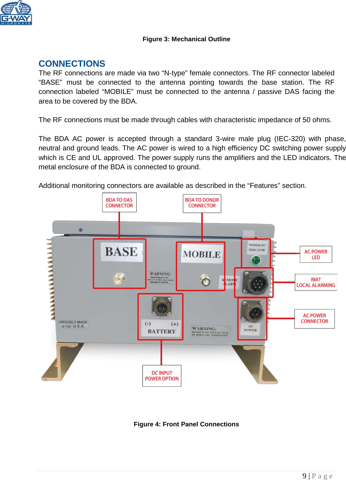   9 | Page   Figure 3: Mechanical Outline CONNECTIONS The RF connections are made via two “N-type” female connectors. The RF connector labeled “BASE” must be connected to the antenna pointing towards the base station. The RF connection labeled “MOBILE” must be connected to the antenna / passive DAS facing the area to be covered by the BDA.  The RF connections must be made through cables with characteristic impedance of 50 ohms.  The BDA AC power is accepted through a standard 3-wire male plug (IEC-320) with phase, neutral and ground leads. The AC power is wired to a high efficiency DC switching power supply which is CE and UL approved. The power supply runs the amplifiers and the LED indicators. The metal enclosure of the BDA is connected to ground.  Additional monitoring connectors are available as described in the “Features” section.                Figure 4: Front Panel Connections     