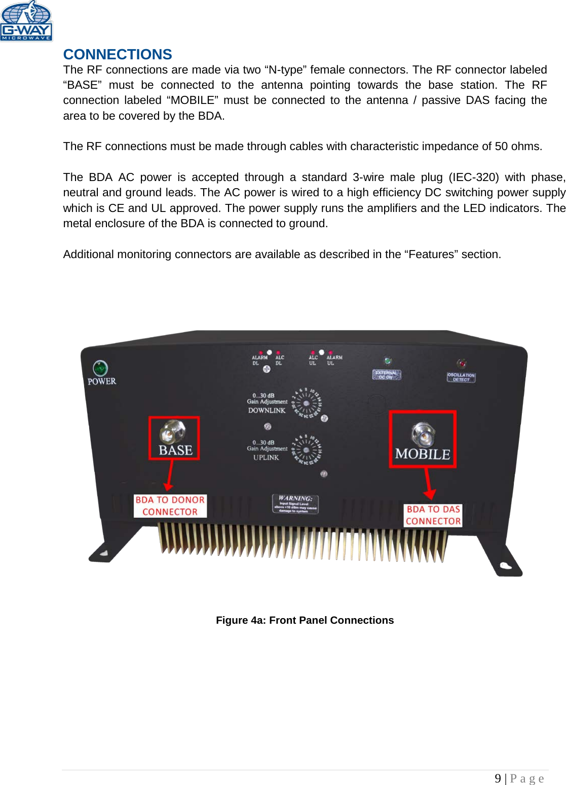   9 | Page  CONNECTIONS The RF connections are made via two “N-type” female connectors. The RF connector labeled “BASE” must be connected to the antenna pointing towards the base station. The RF connection labeled “MOBILE” must be connected to the antenna / passive DAS facing the area to be covered by the BDA.  The RF connections must be made through cables with characteristic impedance of 50 ohms.  The BDA AC power is accepted through a standard 3-wire male plug (IEC-320) with phase, neutral and ground leads. The AC power is wired to a high efficiency DC switching power supply which is CE and UL approved. The power supply runs the amplifiers and the LED indicators. The metal enclosure of the BDA is connected to ground.  Additional monitoring connectors are available as described in the “Features” section.     Figure 4a: Front Panel Connections          