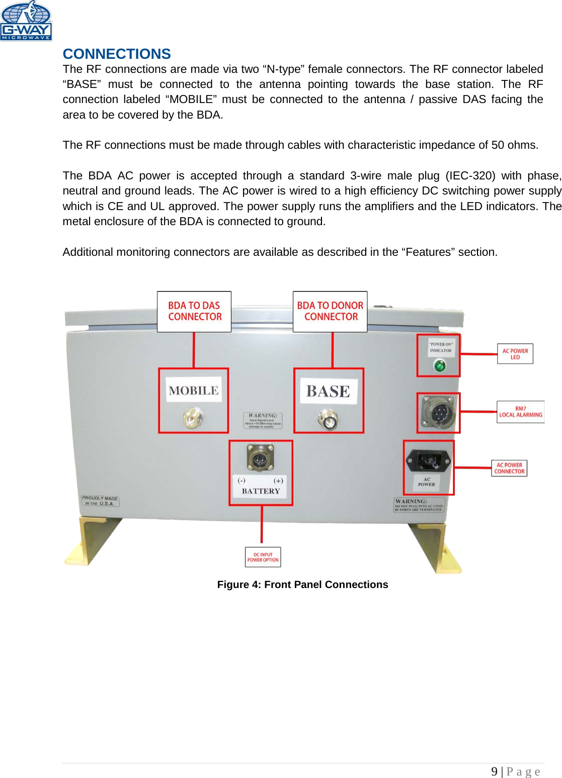   9 | Page  CONNECTIONS The RF connections are made via two “N-type” female connectors. The RF connector labeled “BASE” must be connected to the antenna pointing towards the base station. The RF connection labeled “MOBILE” must be connected to the antenna / passive DAS facing the area to be covered by the BDA.  The RF connections must be made through cables with characteristic impedance of 50 ohms.  The BDA AC power is accepted through a standard 3-wire male plug (IEC-320) with phase, neutral and ground leads. The AC power is wired to a high efficiency DC switching power supply which is CE and UL approved. The power supply runs the amplifiers and the LED indicators. The metal enclosure of the BDA is connected to ground.  Additional monitoring connectors are available as described in the “Features” section.               Figure 4: Front Panel Connections            